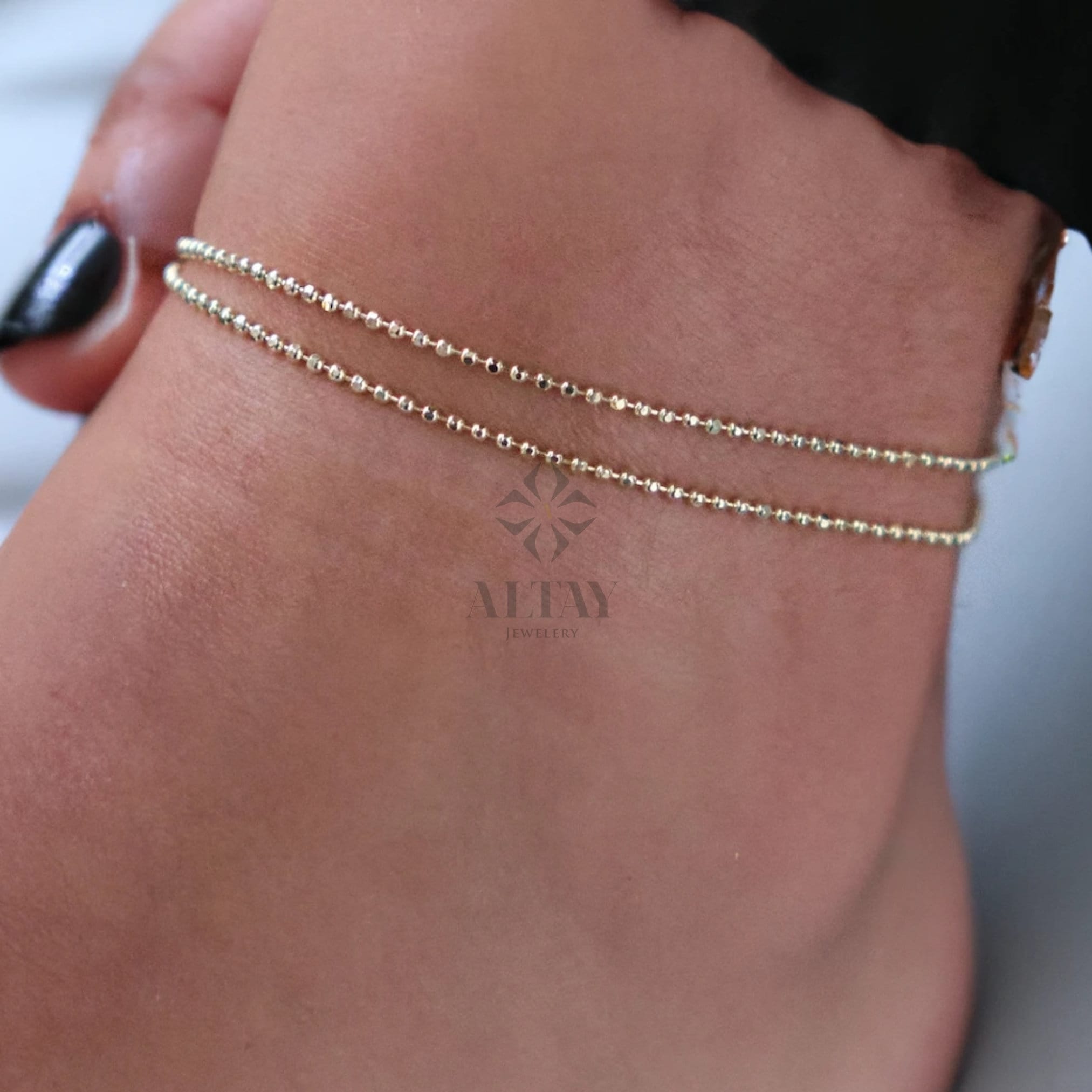 14K Gold Beaded Chain Anklet, Italian Ball Bead Anklet, 1.5MM Layering Link Anklet Bracelet, Delicate Dainty Gold Beads, Gift For Her Him