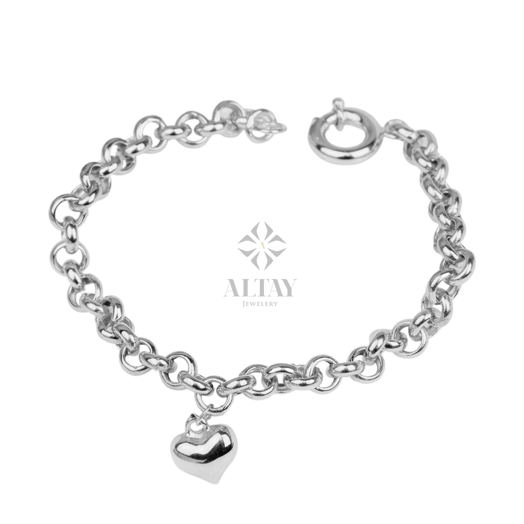 14K Gold 5mm Rolo Chain, Gold Heart Charm Bracelet, Love Bracelet, Mini 3D Heart Pendant, Link Heart Charm Bracelet, Jewelry, Gift for Her