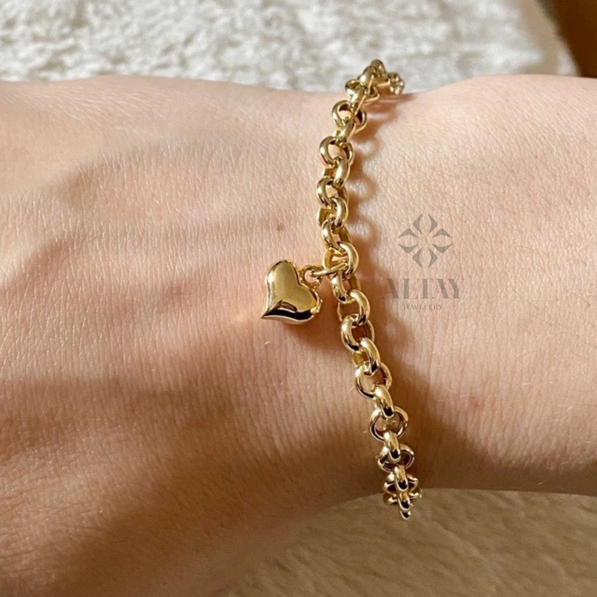 14K Gold 5mm Rolo Chain, Gold Heart Charm Bracelet, Love Bracelet, Mini 3D Heart Pendant, Link Heart Charm Bracelet, Jewelry, Gift for Her
