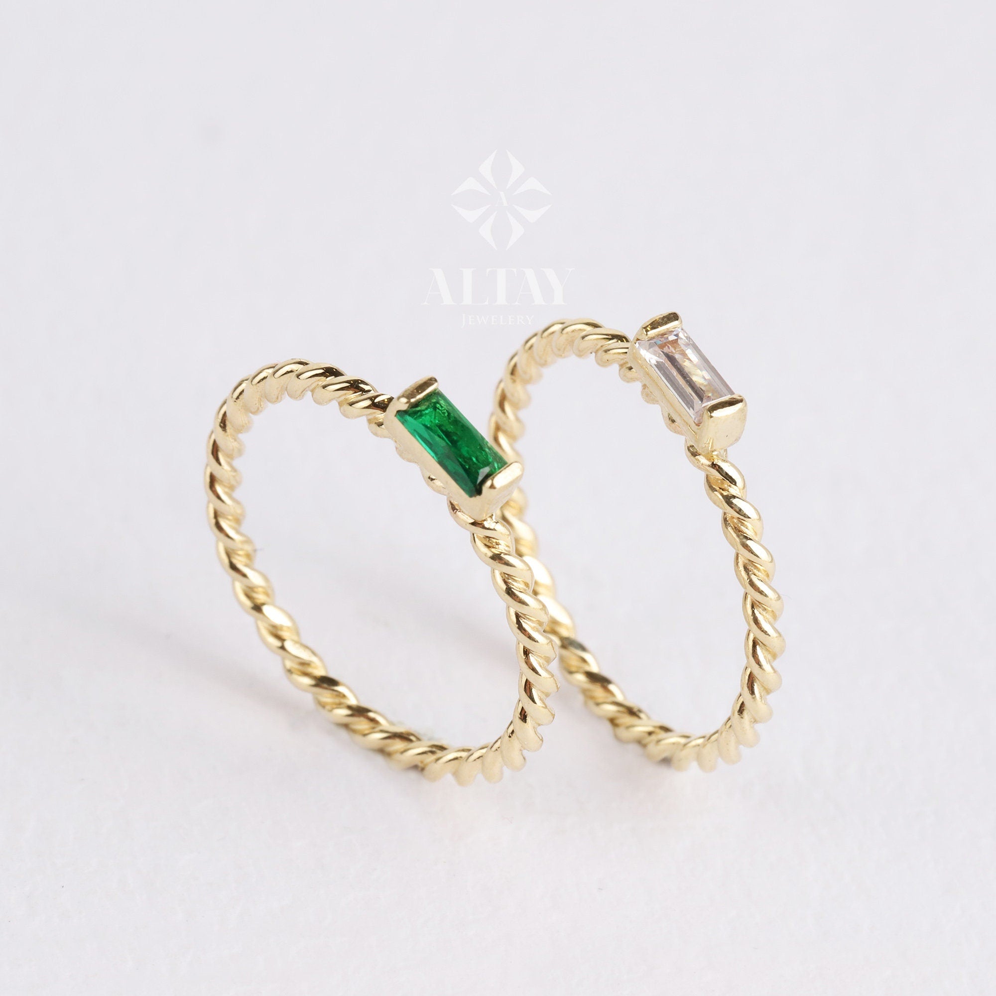14K Gold Baguette Birthstone Ring, Custom Stackable Gemstone Ring, Braided Twist Rope Band Ring, Family Birthstone Ring, Personalized Gift