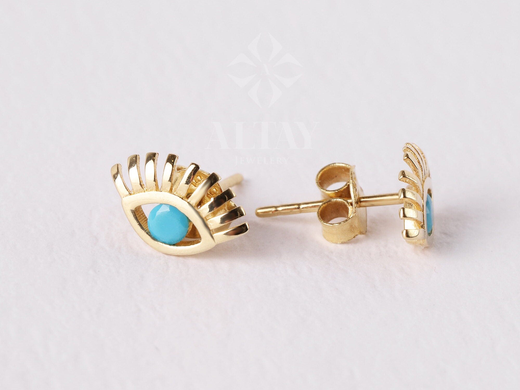 14K Gold Evil Eye Stud Earrings, Tiny Eye Lashes Stud, Minimalist Dainty Earrings, Sparkling Stud Earrings, Lucky Eye Turquoise Studs
