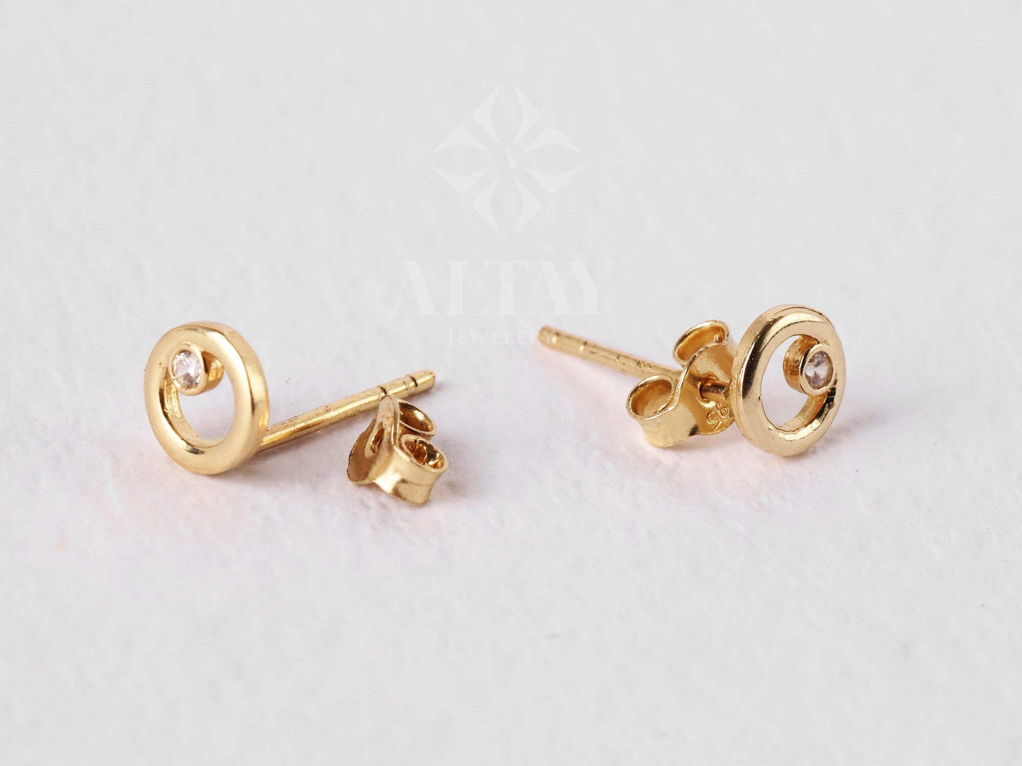 14K Gold CZ Diamond Circle Stud Earrings, Circle Shape Studs, Round Earrings, Open Circle Studs, Geometric Earrings, Solid Gold Earrings