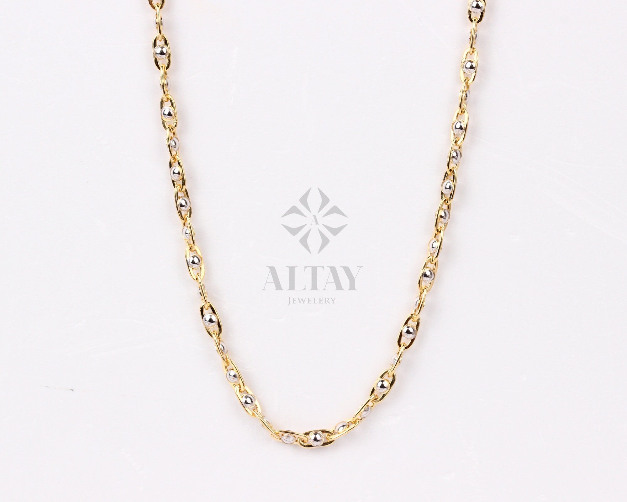 14K Gold Two Tone Beaded Chain Necklace, Oval Bead Chain Choker, Rectangle Long Paperclip Chain, Christening, Chunky Link, Gift For Her