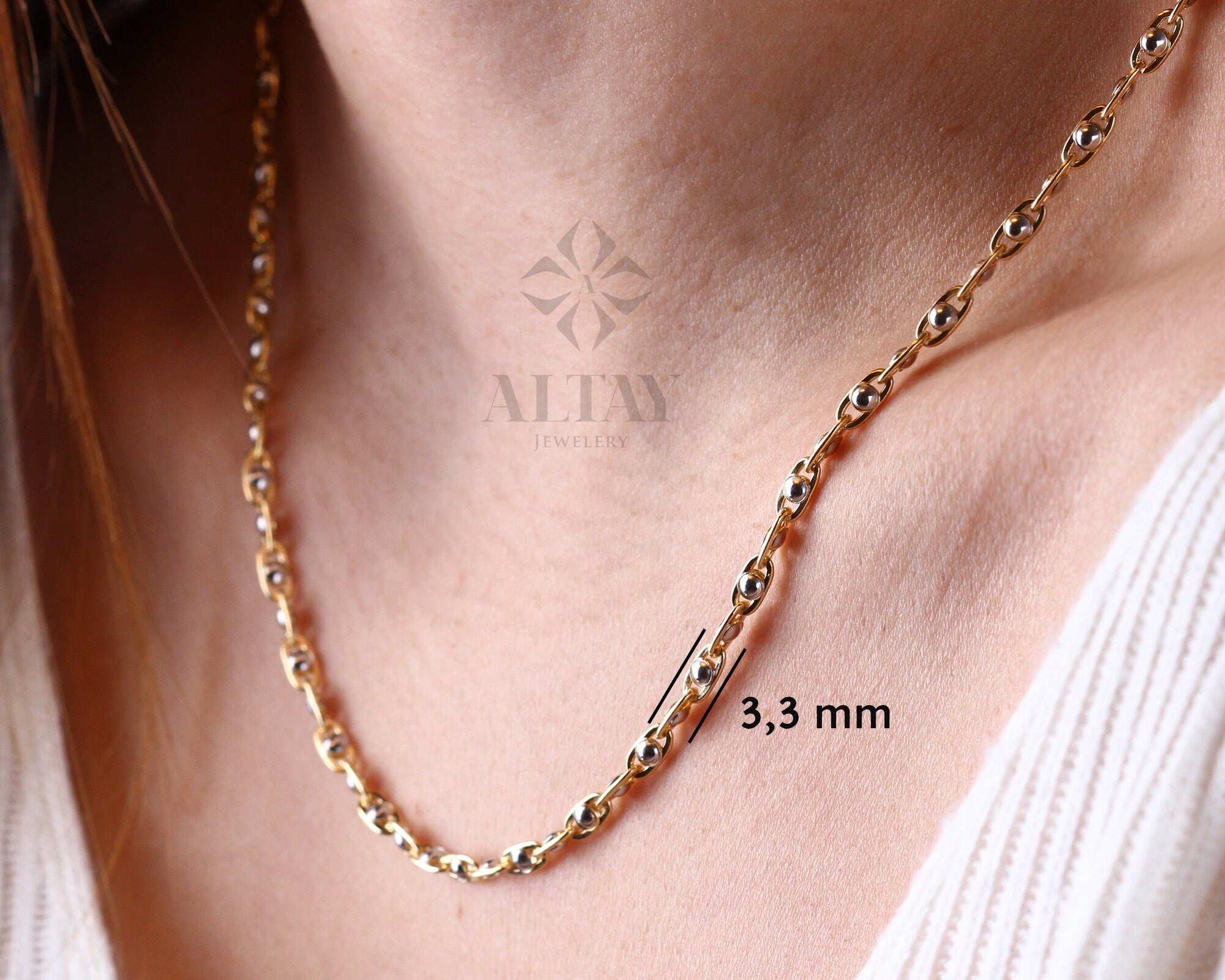 14K Gold Two Tone Beaded Chain Necklace, Oval Bead Chain Choker, Rectangle Long Paperclip Chain, Christening, Chunky Link, Gift For Her