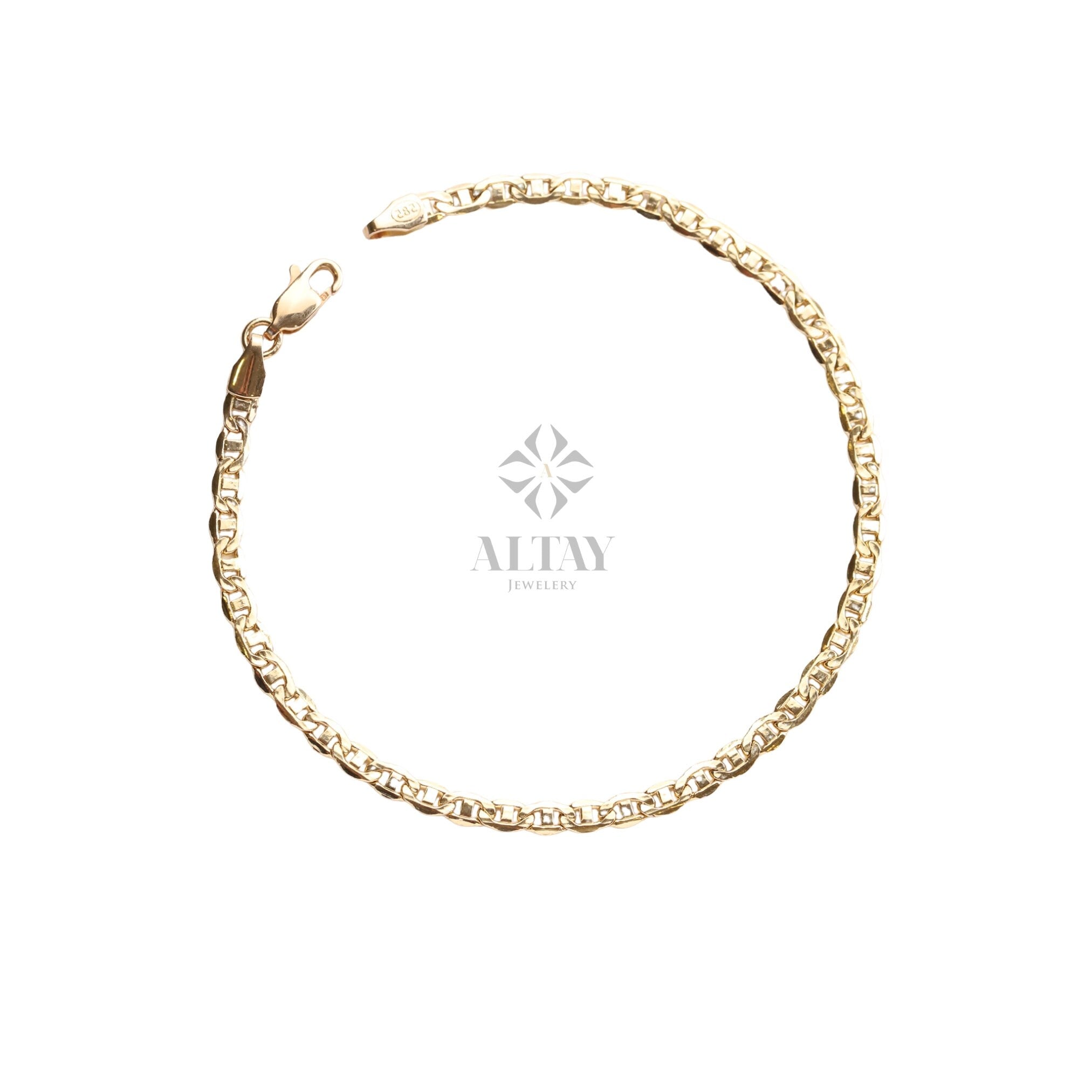 14K Gold Anchor Mariner Chain Bracelet, 3mm 4mm Flat Bracelet, Mariner Curb Chain, Bold Mariner Chain, Mariner Anchor Chain, Men Women Chain