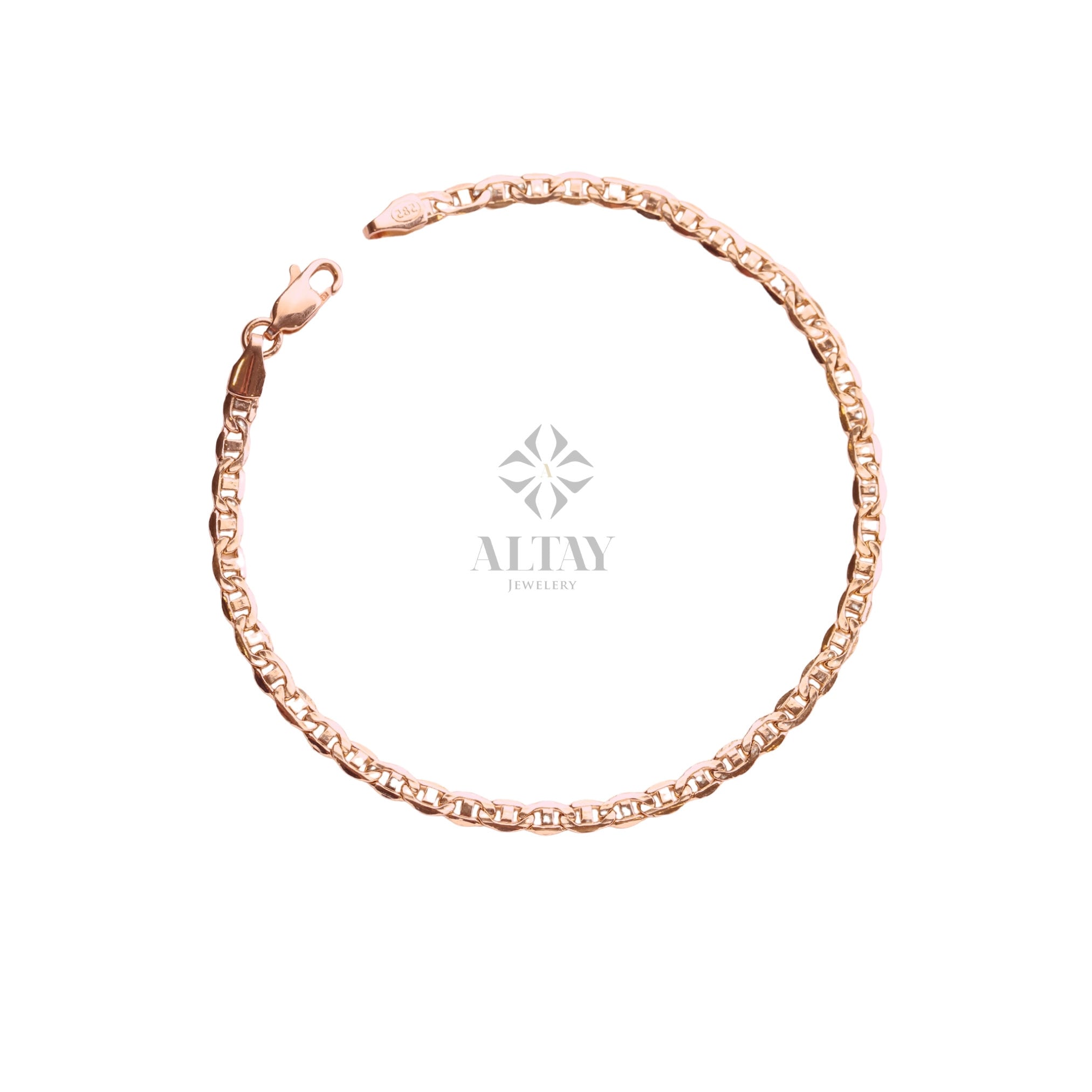 14K Gold Anchor Mariner Chain Bracelet, 3mm 4mm Flat Bracelet, Mariner Curb Chain, Bold Mariner Chain, Mariner Anchor Chain, Men Women Chain
