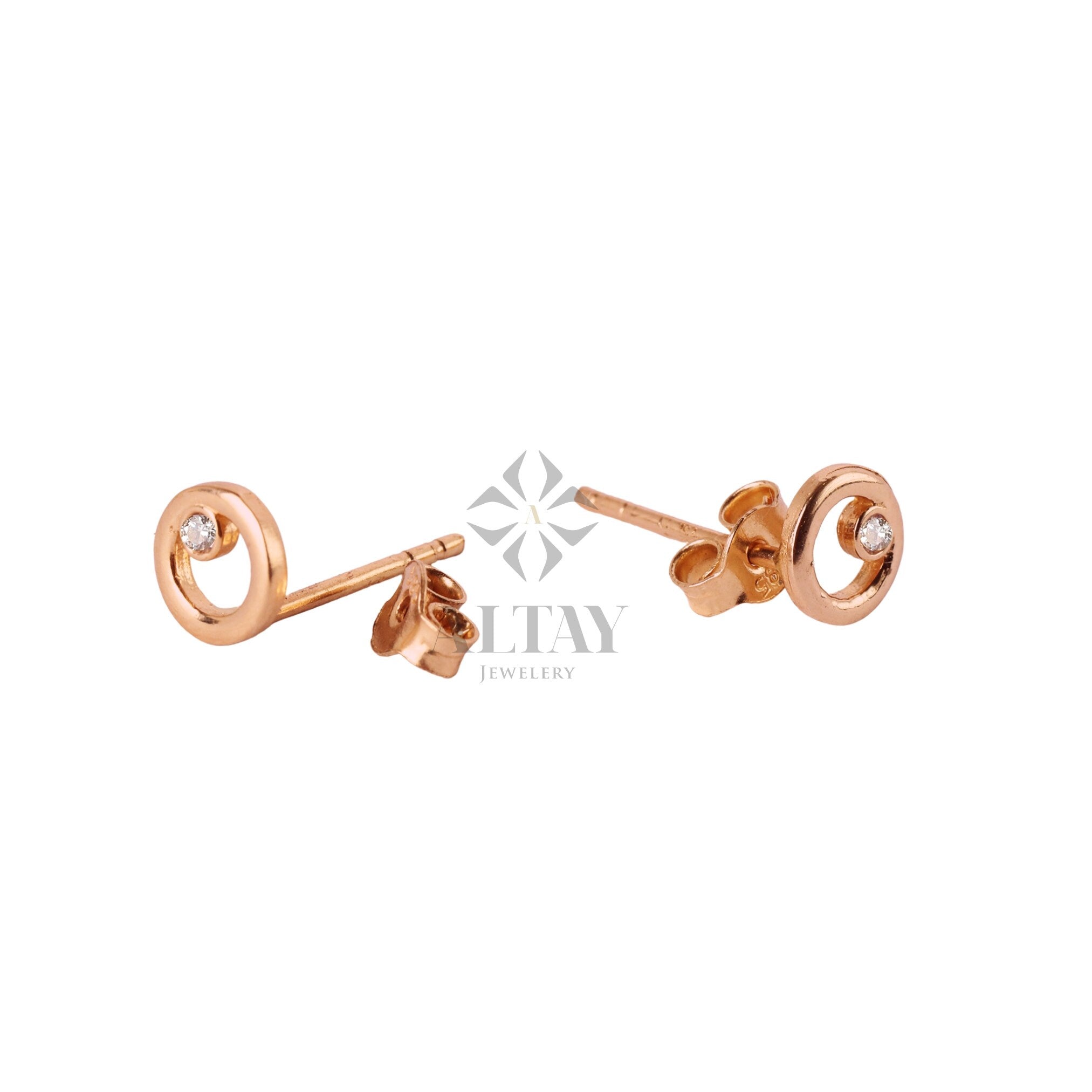 14K Gold CZ Diamond Circle Stud Earrings, Circle Shape Studs, Round Earrings, Open Circle Studs, Geometric Earrings, Solid Gold Earrings