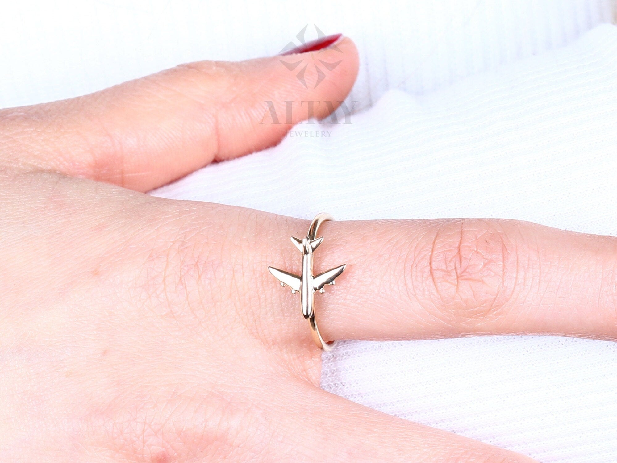 14K Gold Airplane Ring, Aviation Gifts, Plane Gold Ring, Female Pilot Gift, Travel Lover Ring, Minimal Flight Attendant Ring, Gift for Her