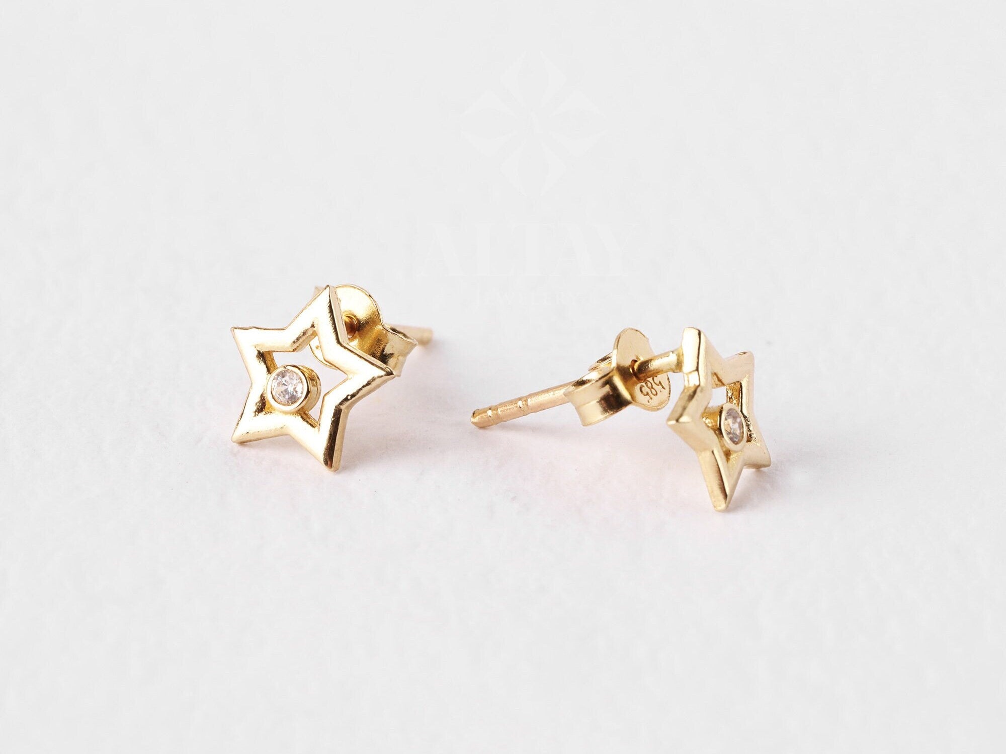 14K Gold Star Stud Earrings, CZ Diamond Celestial Studs, Minimalist Earrings, Star Shaped Earrings, Dainty Gold Earrings For Women
