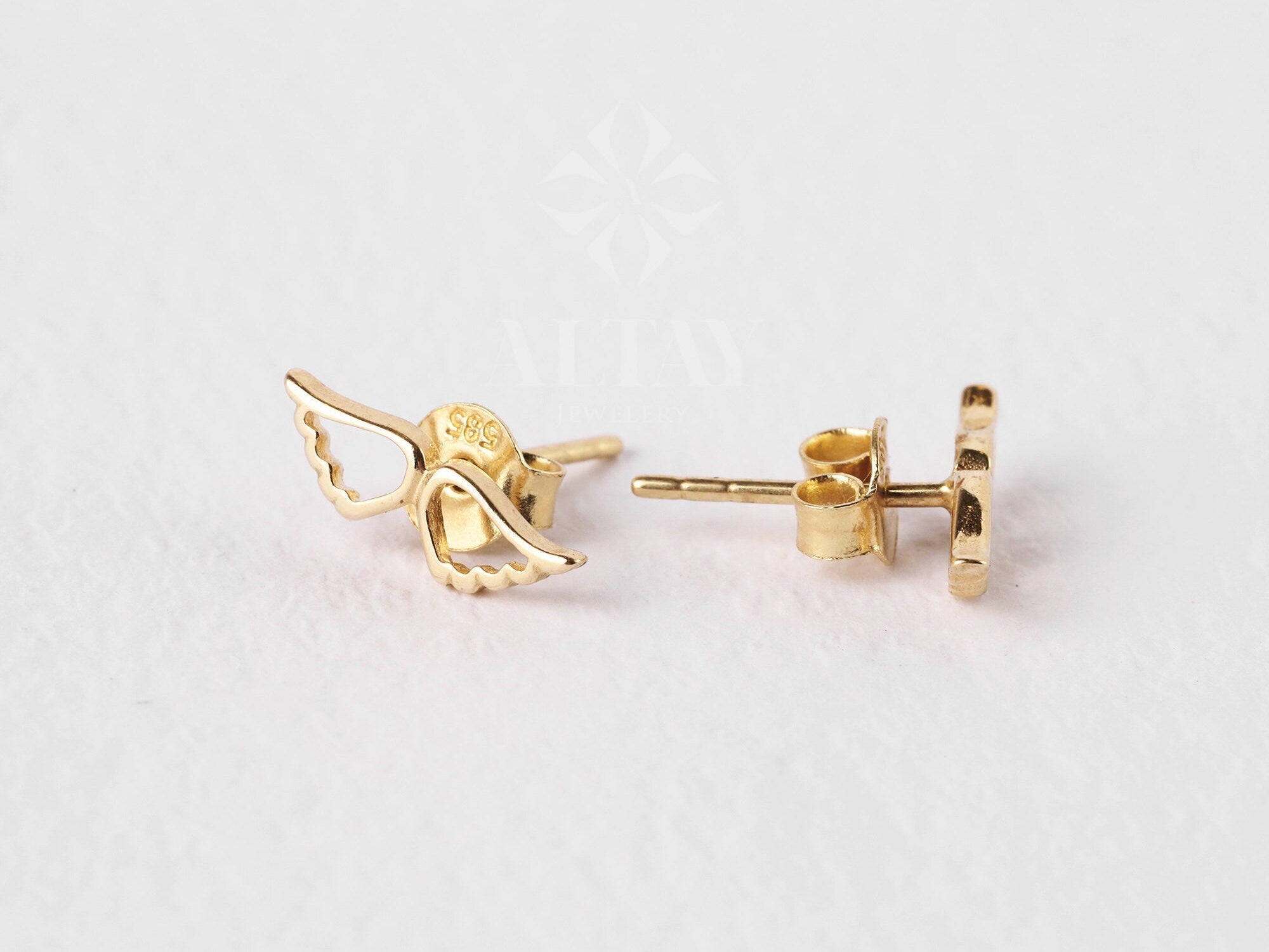 14K Gold Angel Wings Stud Earrings, Wings Stud Earrings, Gold Cartilage Stud, Minimalist Wings Piercing, Handmade Wing Stud, Gift For Her