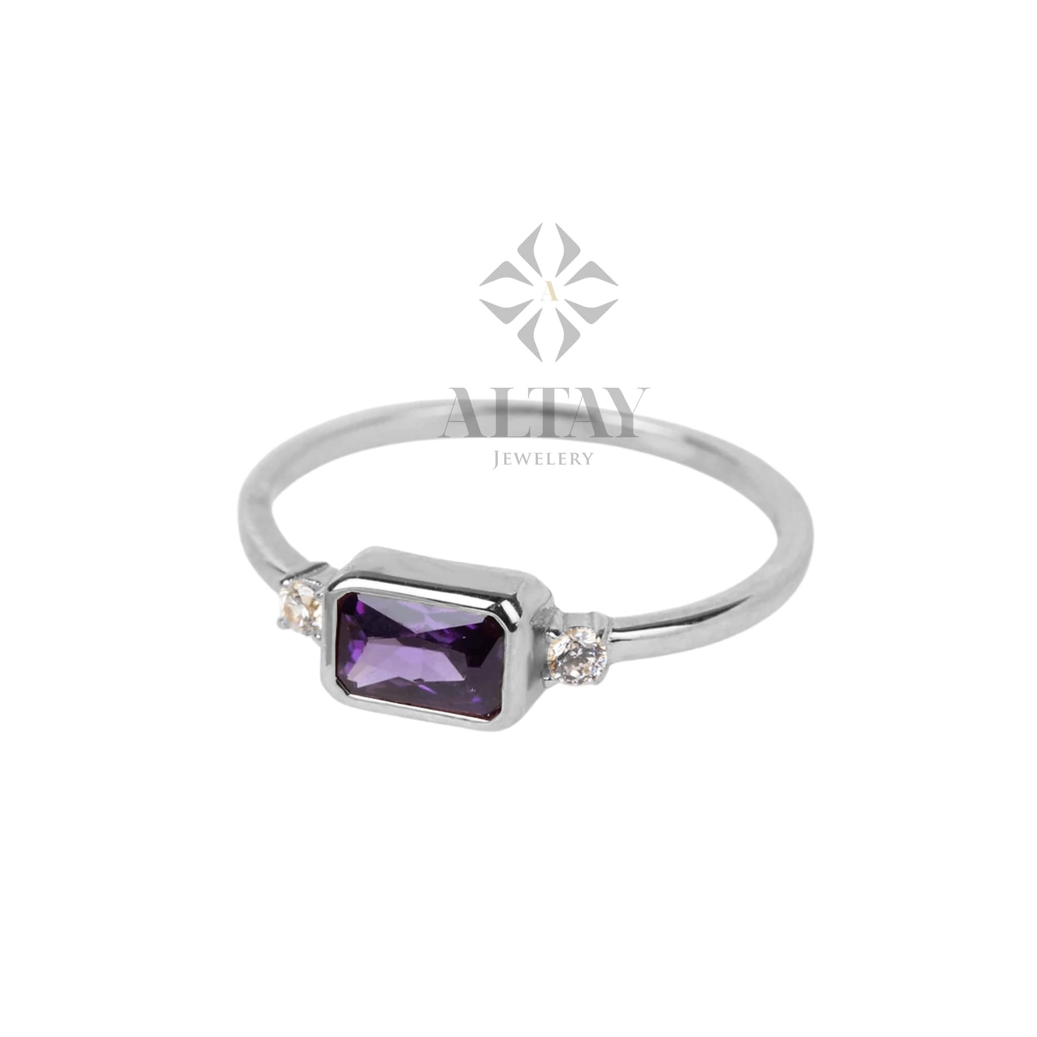 14K Gold Amethyst Ring, Emerald Cut Purple Stone Ring, Dainty Real Gold Birthstone Ring, Minimal Diamond Accent Band, Gift for Her