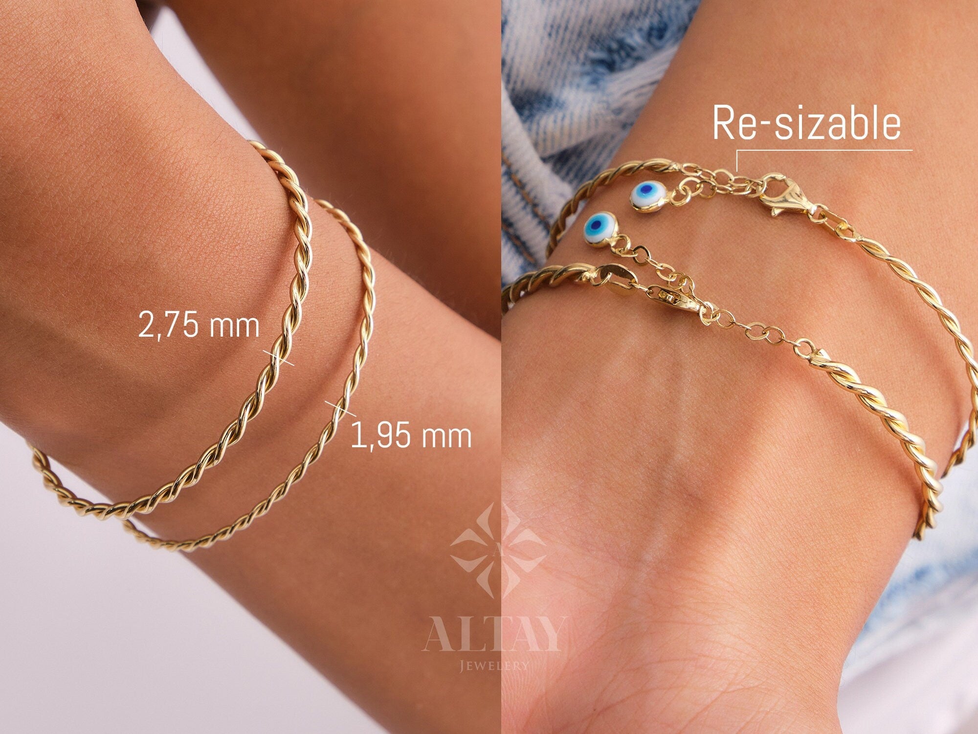 14K Gold Rope Bangle, Twisted Adjustable Gold Bangle, 2.75mm 1.95mm Wide Bracelet, Personalized Evil Eye Extender, Wire Stacking Cuff