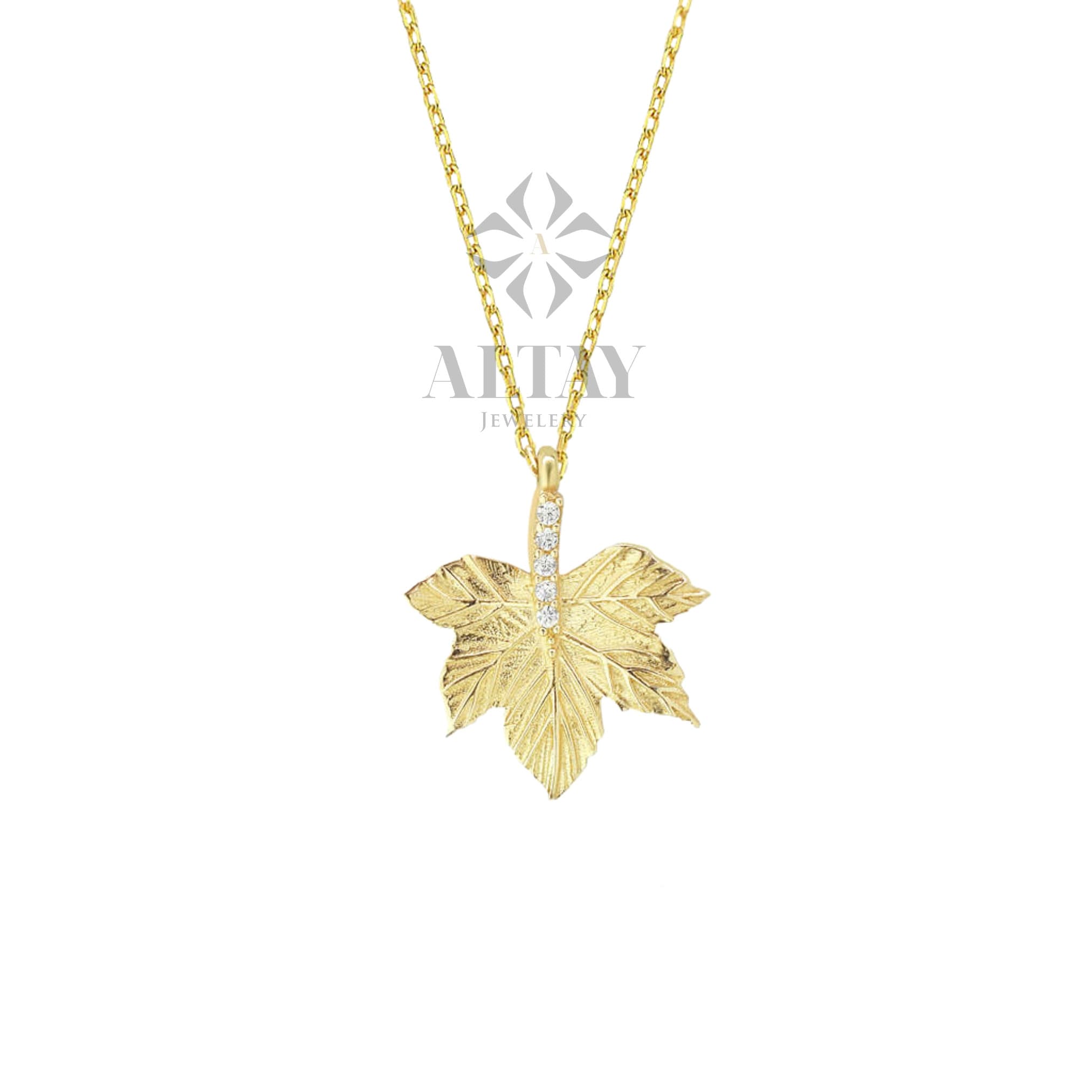 14K Gold Maple Leaf Necklace, Canadian Maple CZ Diamond Pendant Necklace, Canada Leaf Charm, Fall Leaf Jewelry, Dainty Layering Necklace