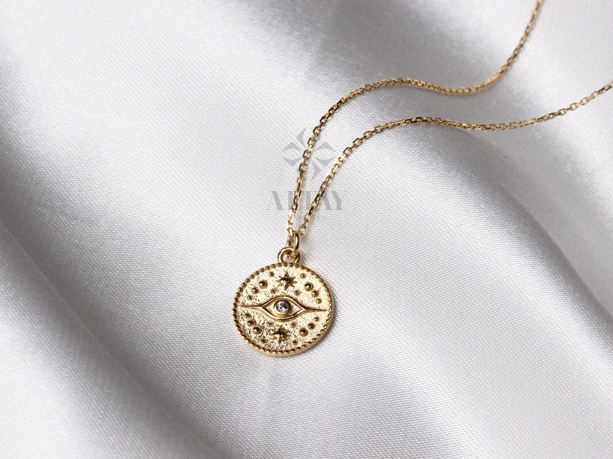 14K Gold Eye Medallion Necklace, Evil Eye Pendant, Coin Necklace, Dainty Gold Choker, Celestial Charm, Sun Eye Personalized Gifts for Her