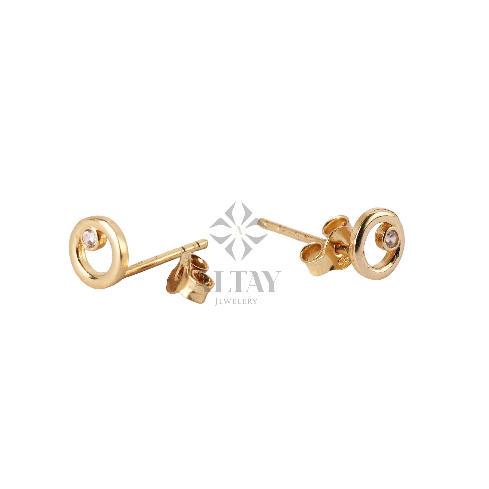 14K Gold CZ Diamond Circle Stud Earrings, Circle Shape Studs, Round Earrings, Open Circle Studs, Geometric Earrings, Solid Gold Earrings