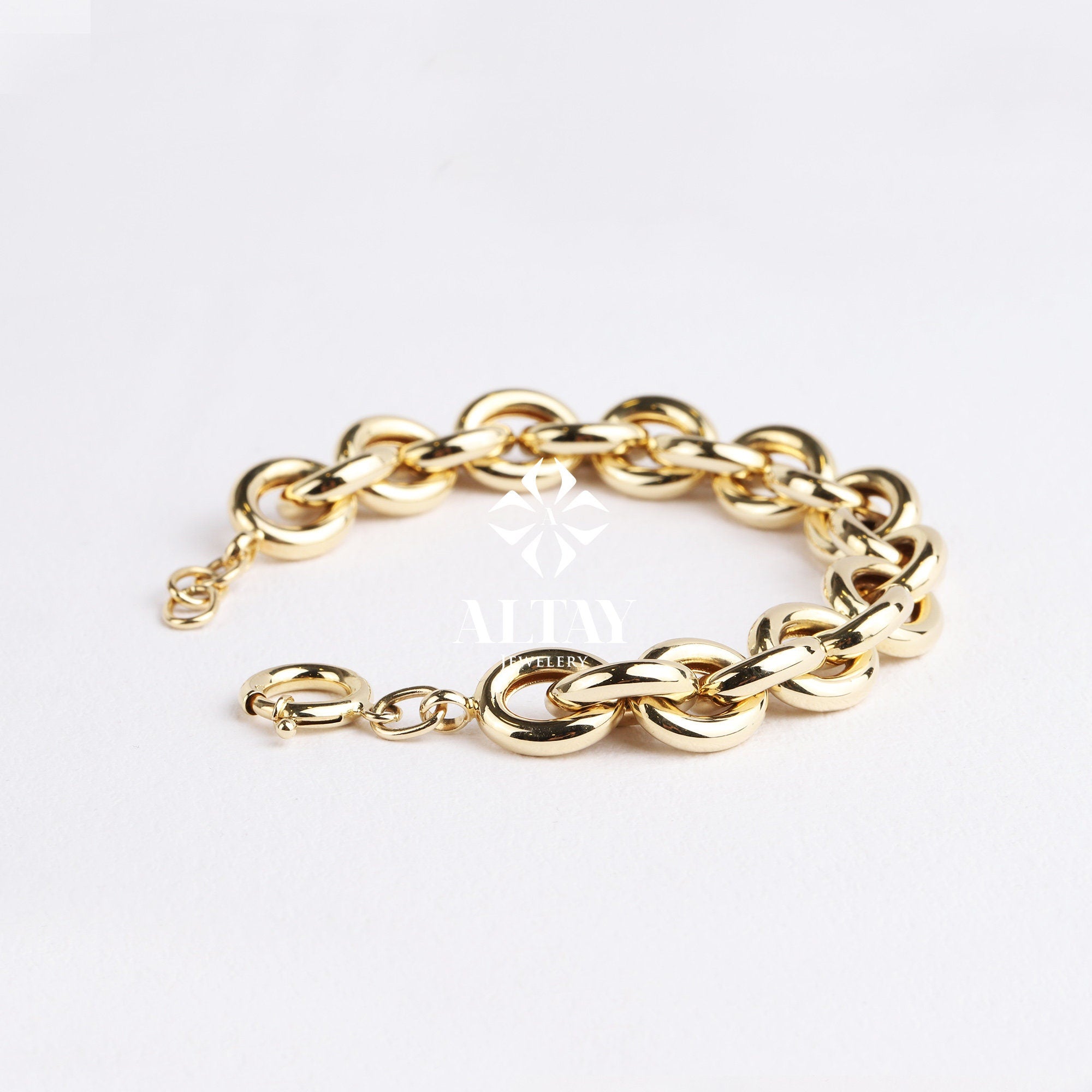 14K Gold Paperclip Rolo Chain Bracelet, Oval Rectangle Paper Clip Chain, Gold Thick Flat Oval Link, Rolo Gold Link, Woman Man Gold Bracelet