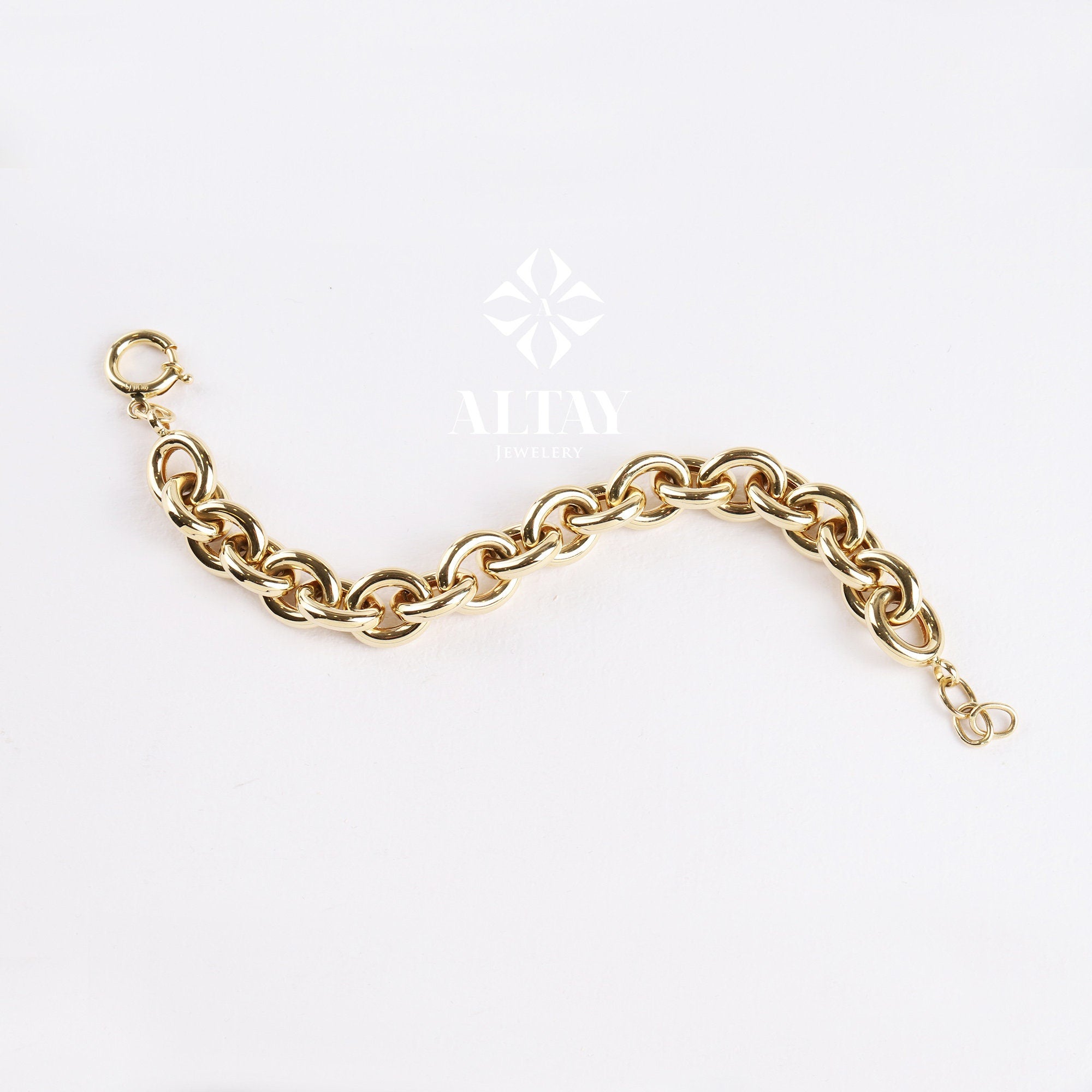 14K Gold Paperclip Rolo Chain Bracelet, Oval Rectangle Paper Clip Chain, Gold Thick Flat Oval Link, Rolo Gold Link, Woman Man Gold Bracelet