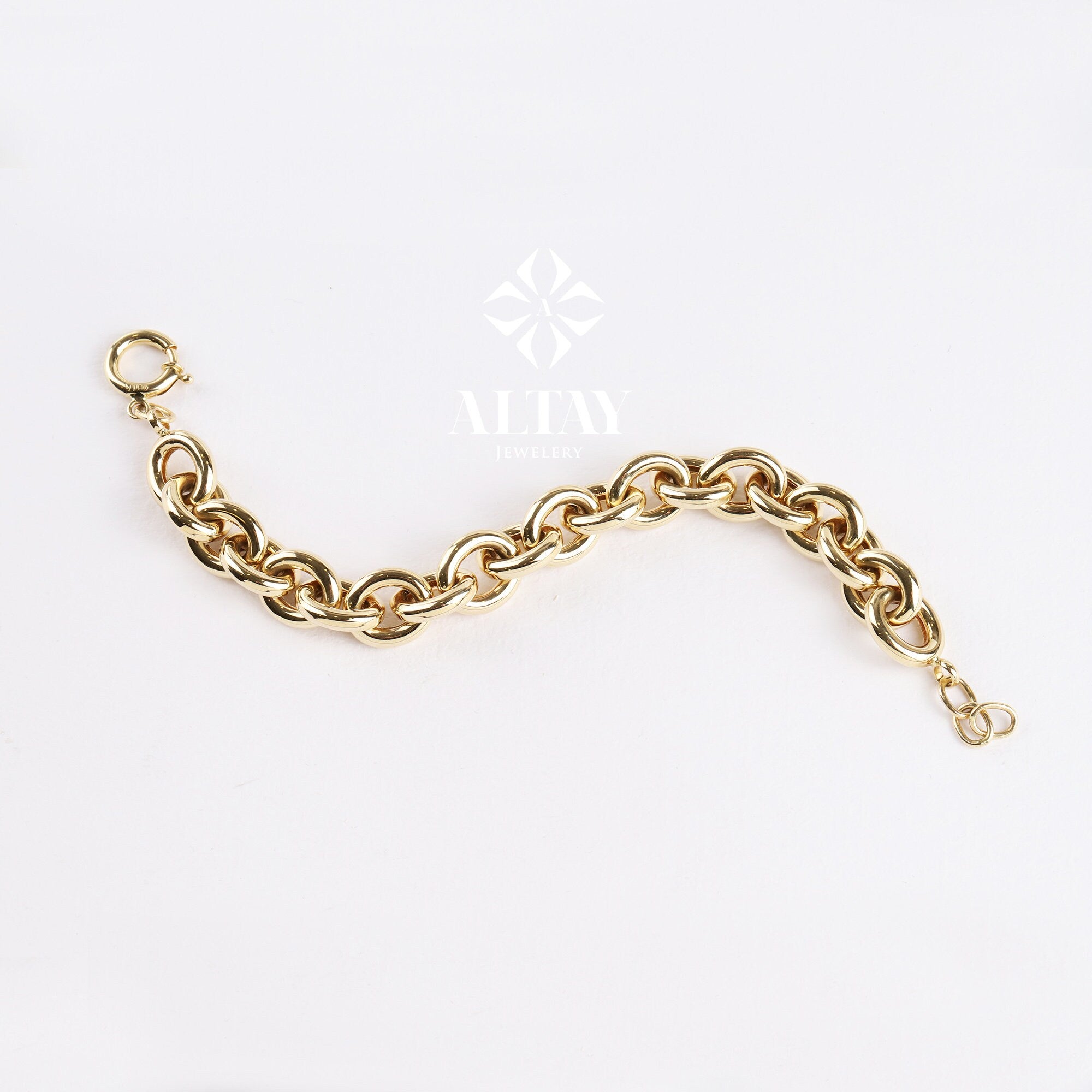 14K Gold Paperclip Rolo Chain Bracelet, Oval Rectangle Paper Clip Chain, Gold Thick Flat Oval Link, Rolo Gold Link, Woman Man Gold Bracelet