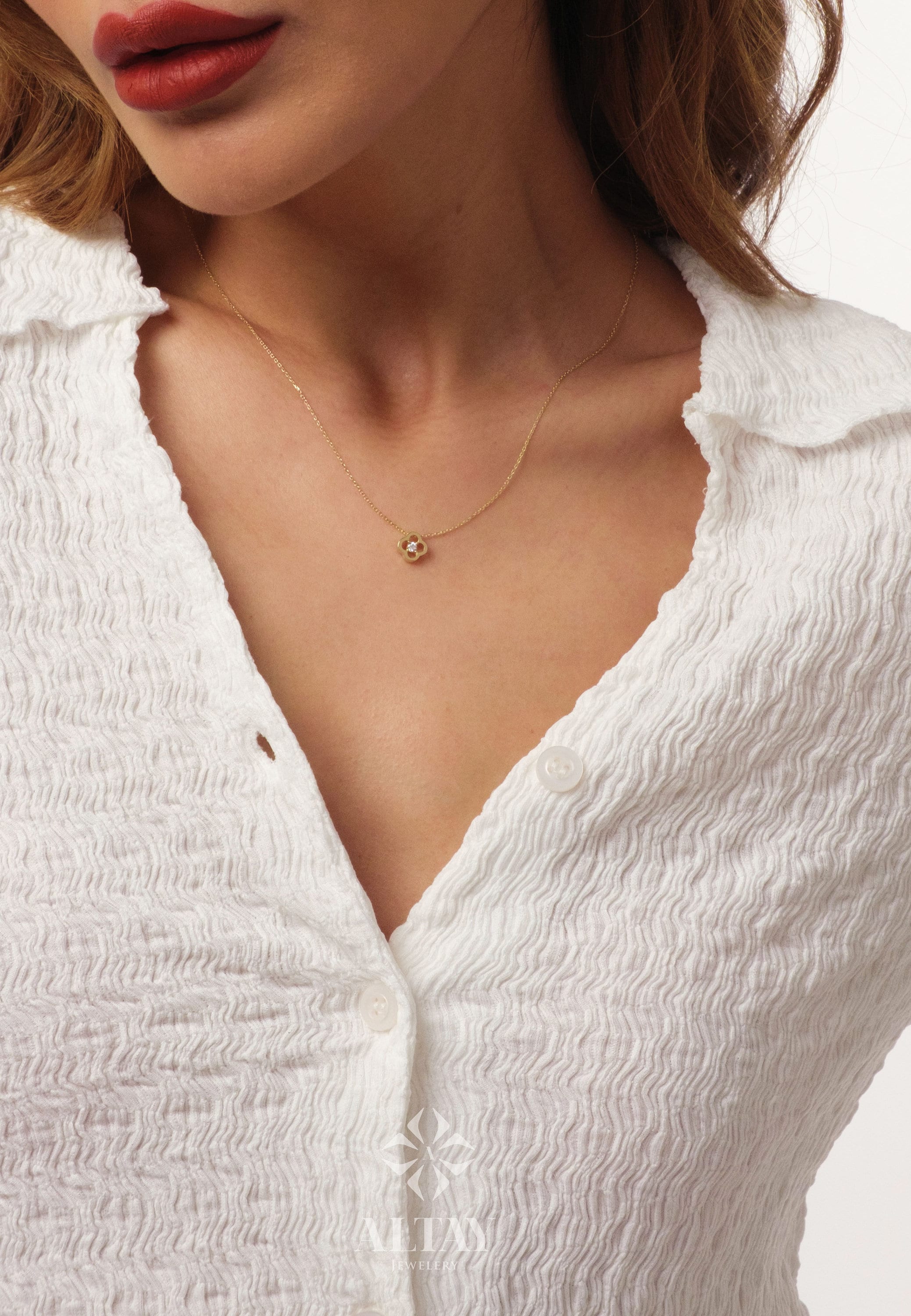 14K Gold Daisy Necklace, Cz Diamond Necklace, Small Clover Necklace, Good Luck Charm, Clover Charm Pendant, Pave Four Leaf Necklace