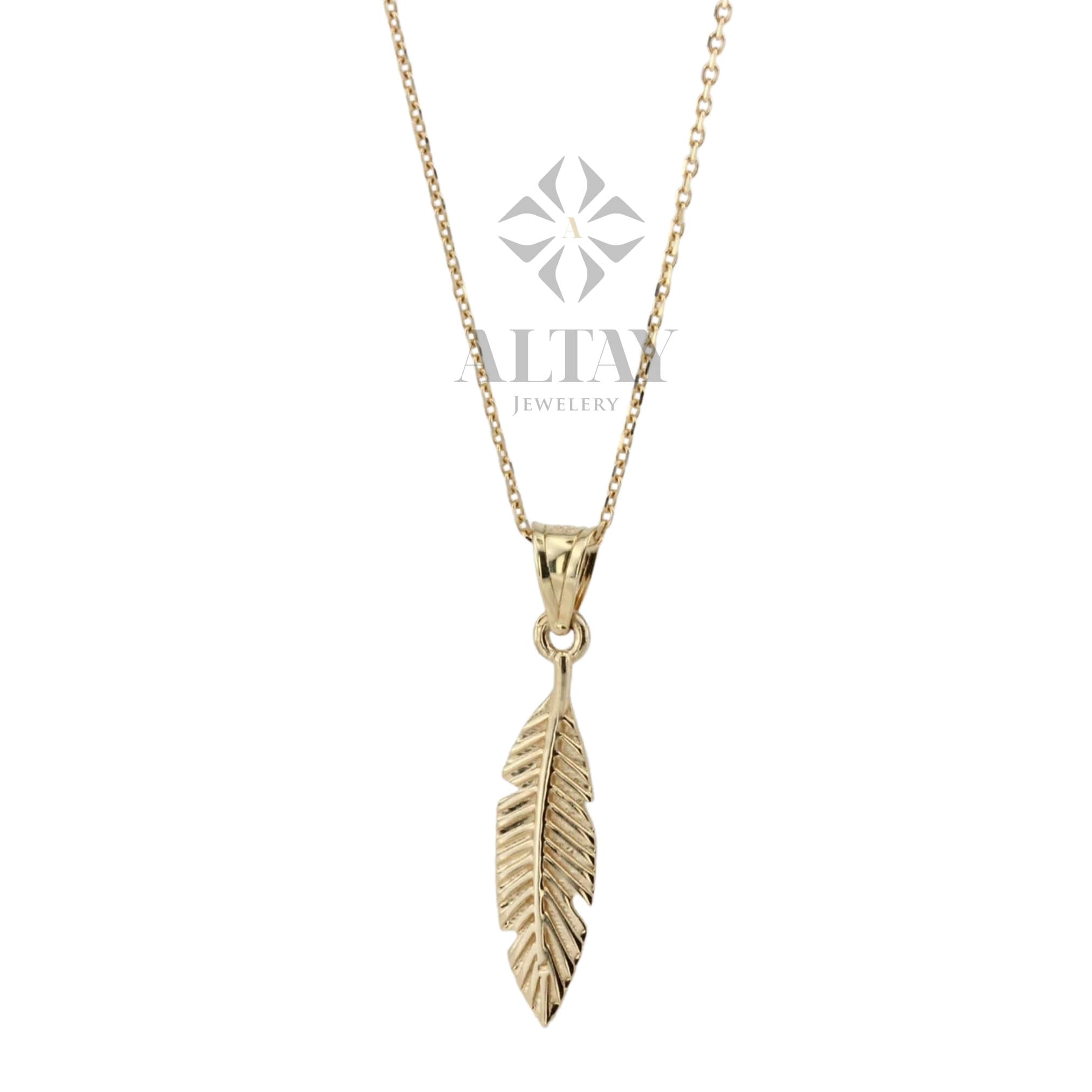 14K Gold Feather Necklace, Feather Charm Pendant, Dainty Layering Necklace, Minimal Feather Charm Choker, Leaf Necklace, Good Luck Necklace