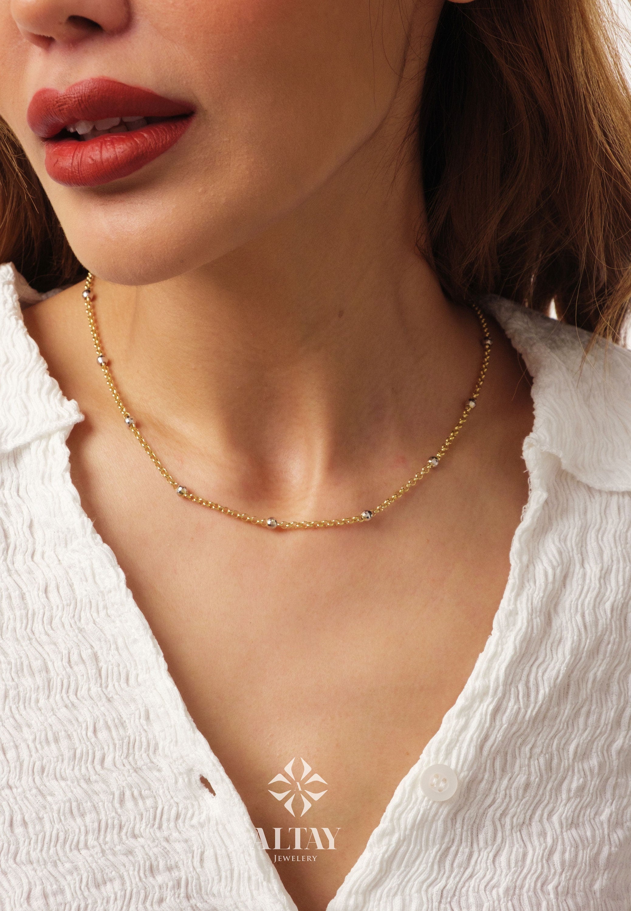 14K Gold Bead Chain Necklace, Two Tone Balls Necklace, Multi Balls Rolo Chain Necklace, Minimalist Fashion Delicate Necklace, Gift For Her