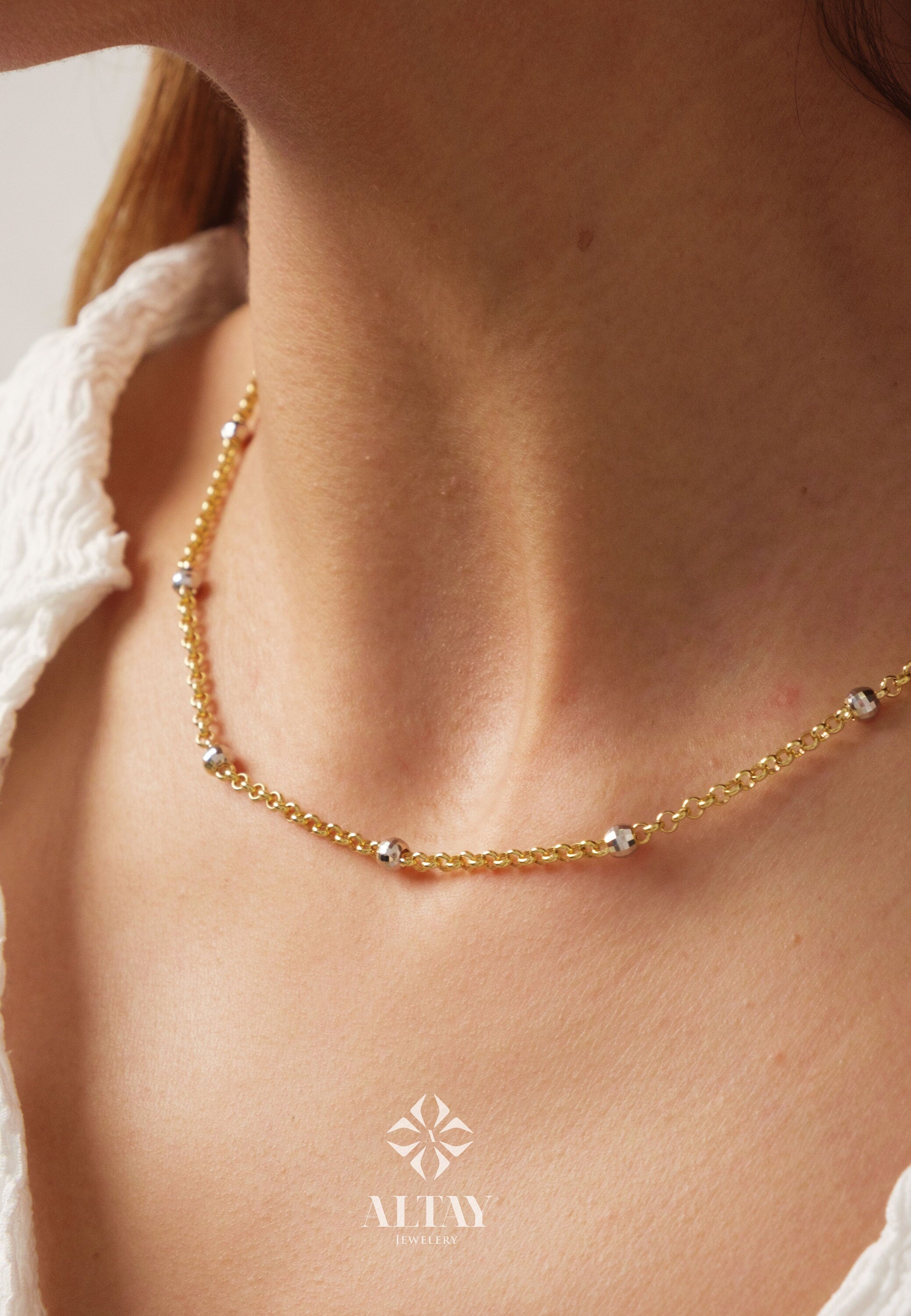 14K Gold Bead Chain Necklace, Two Tone Balls Necklace, Multi Balls Rolo Chain Necklace, Minimalist Fashion Delicate Necklace, Gift For Her