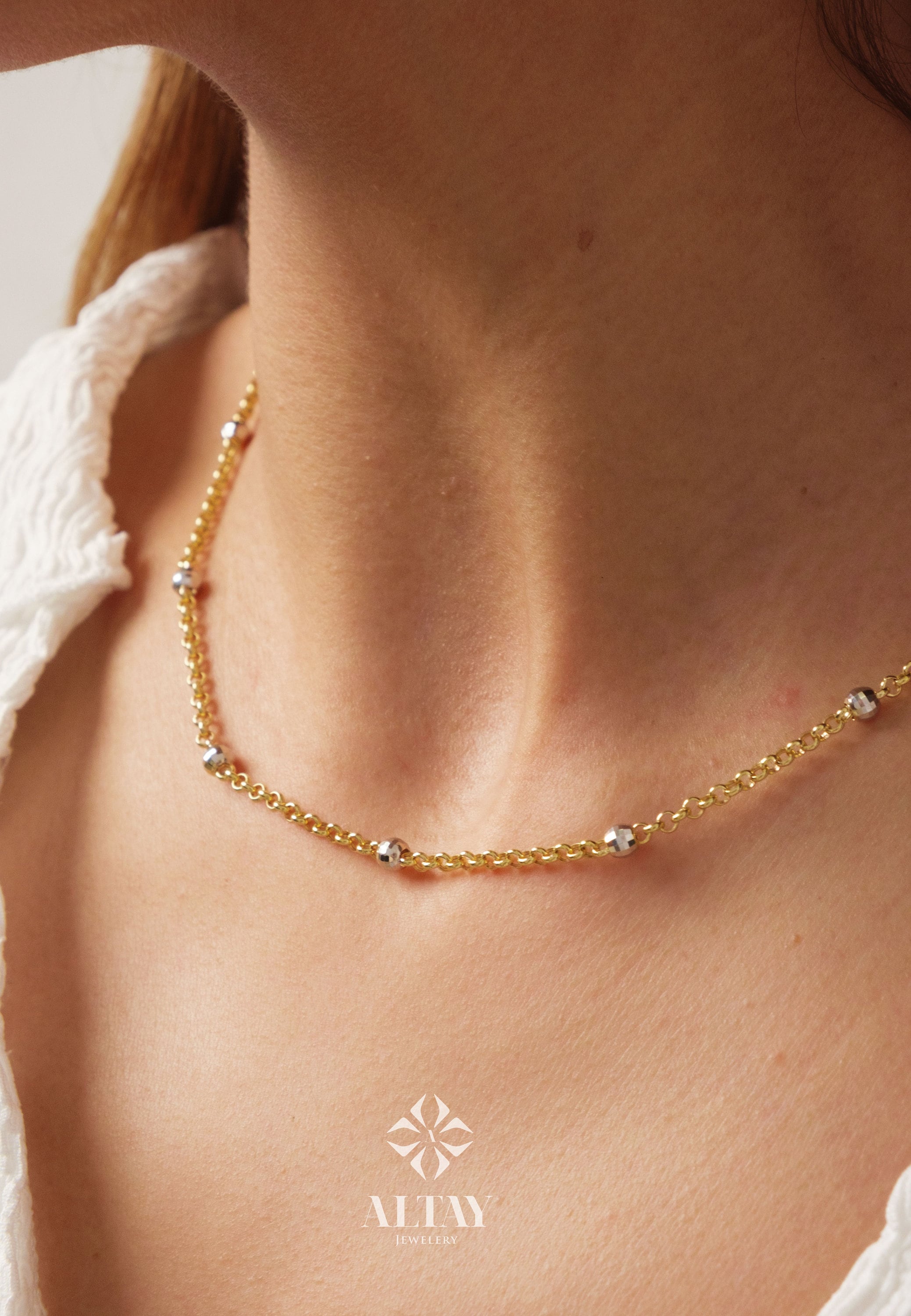14K Gold Bead Chain Necklace, Two Tone Balls Necklace, Multi Balls Rolo Chain Necklace, Minimalist Fashion Delicate Necklace, Gift For Her