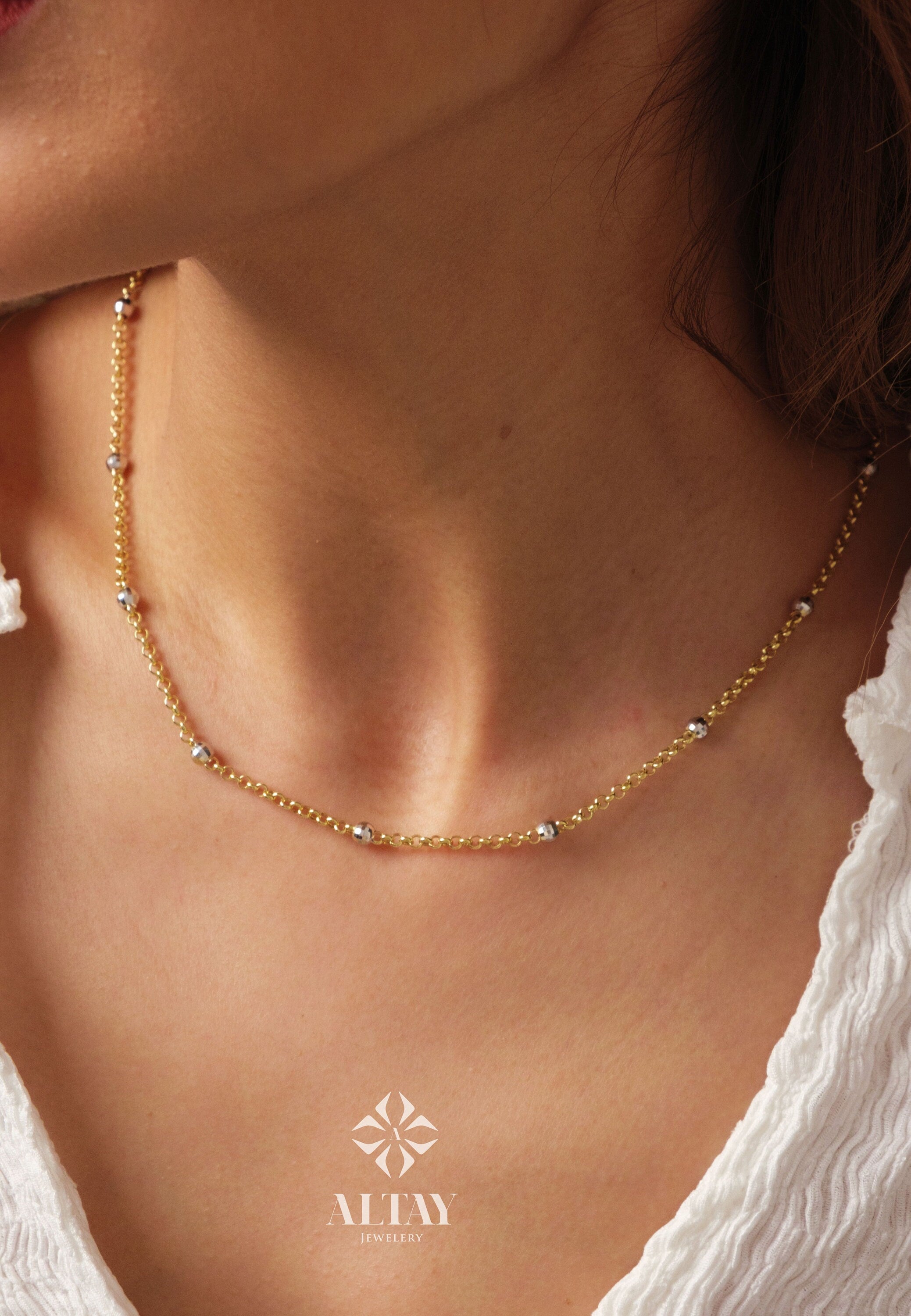 14K Gold Bead Chain Necklace, Two Tone Balls Necklace, Multi Balls Rolo Chain Necklace, Minimalist Fashion Delicate Necklace, Gift For Her