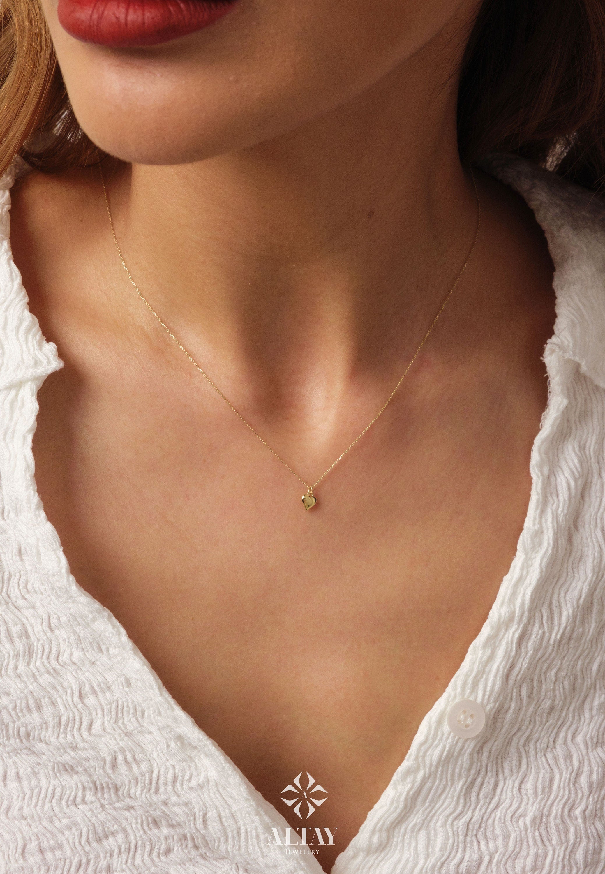 14K Gold Heart Necklace, Puffy Heart Necklace, Mini 3D Heart Pendant, Small Heart Real Gold Charm, Love Pendant Necklace, Gift For Wife