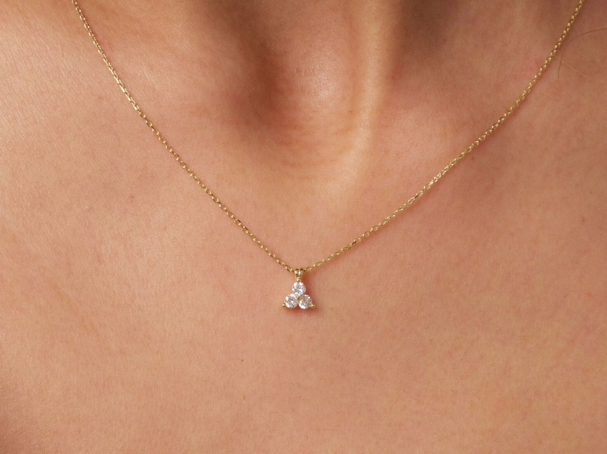 14K Gold Trio Cz Diamond Necklace, 3 Stone Necklace, Prong Set Pendant Necklace, Triangle Necklace, Bridesmaid Necklace, Bridal Gift