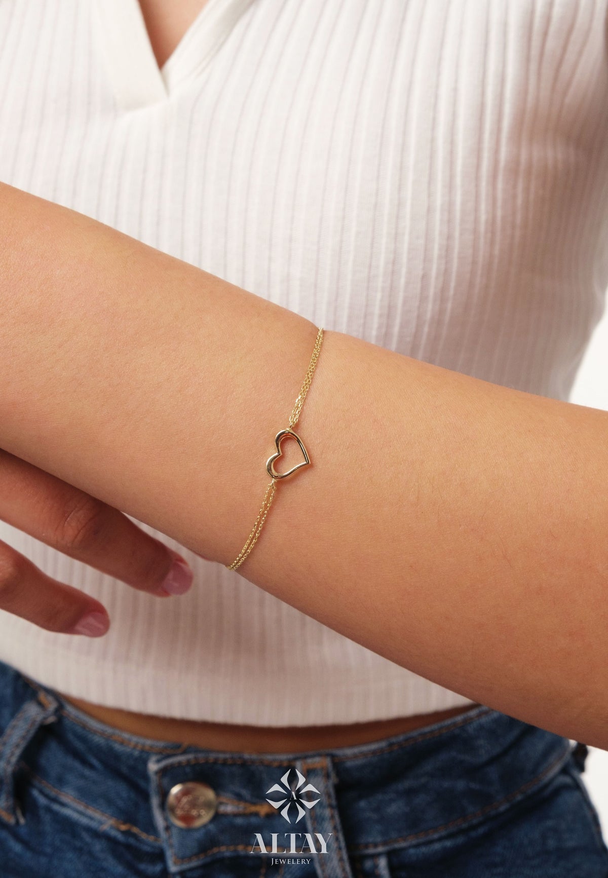 14K Gold Heart Bracelet, Open Heart Bracelet, Heart Outline Bracelet, Love Bracelet, Heart Charm Bracelet, Gift for Mom