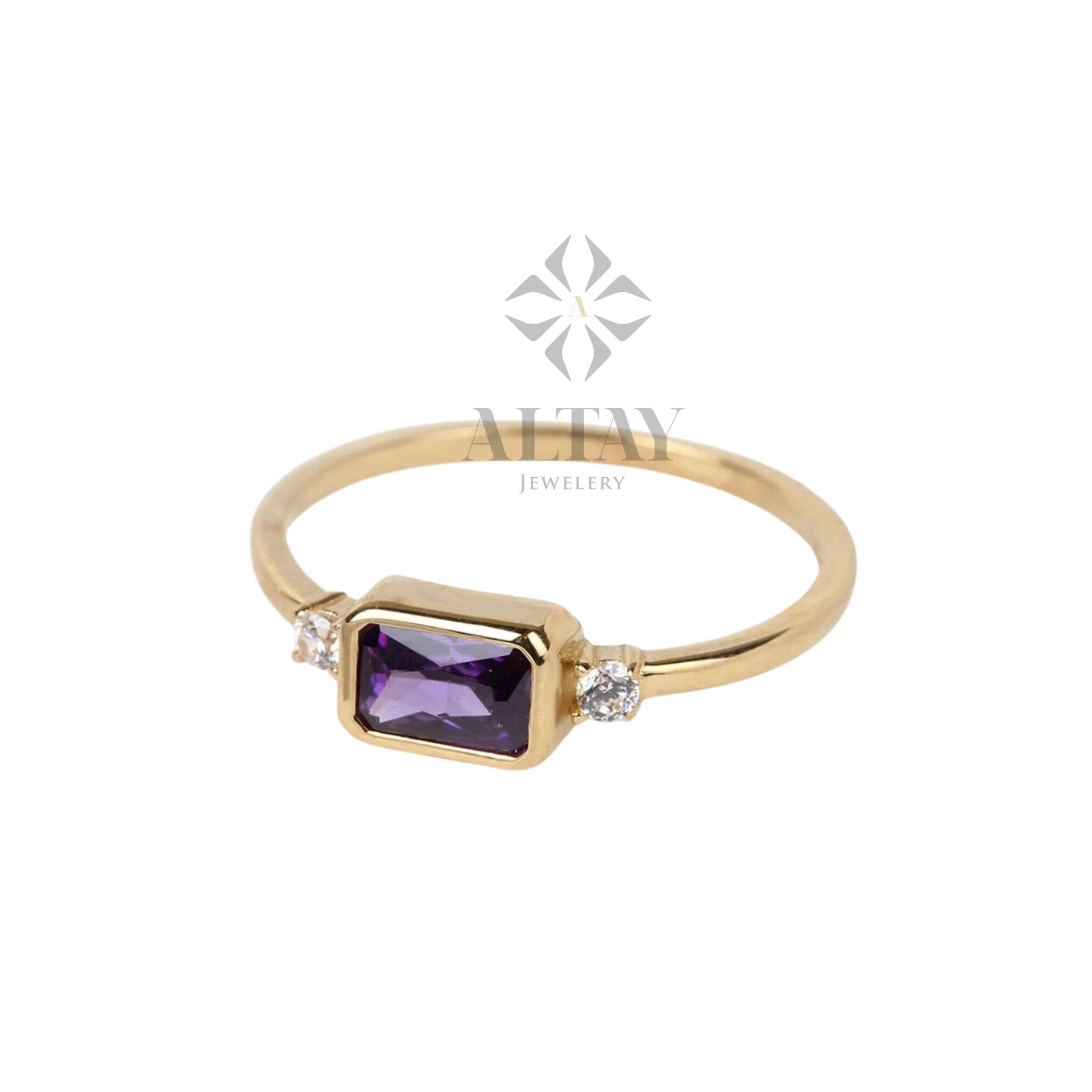 14K Gold Amethyst Ring, Baguette February Birthstone, Amethyst Wedding Band, Diamond Engagement Ring, Gold Purple Gemstone, Matching Band