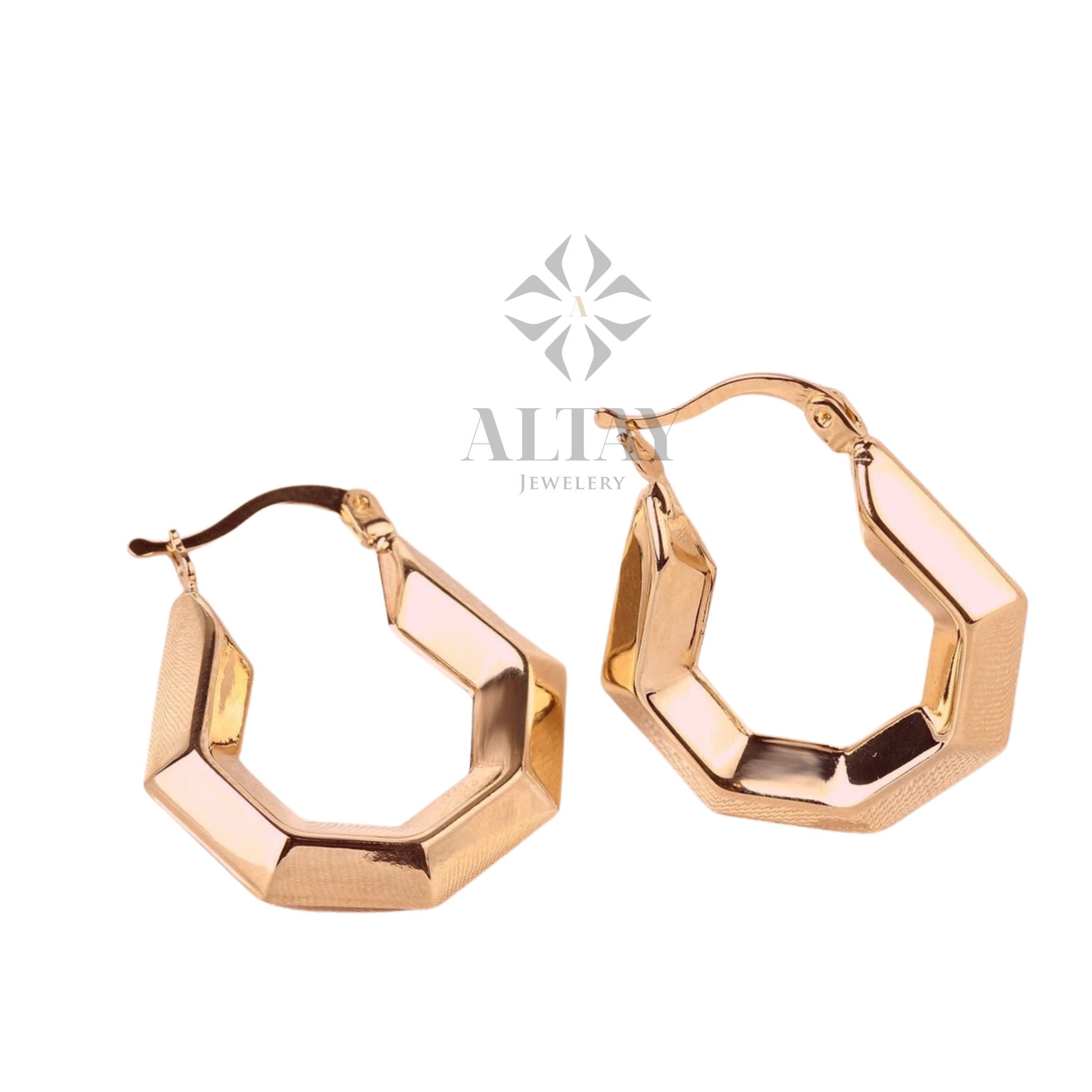 14K Gold Hexagon Hoop Earring, Geometric Gold Hoops, Gold Earrings, Yellow Gold, Minimal Everyday Earrings, Geometric Jewelry, Gift For Her