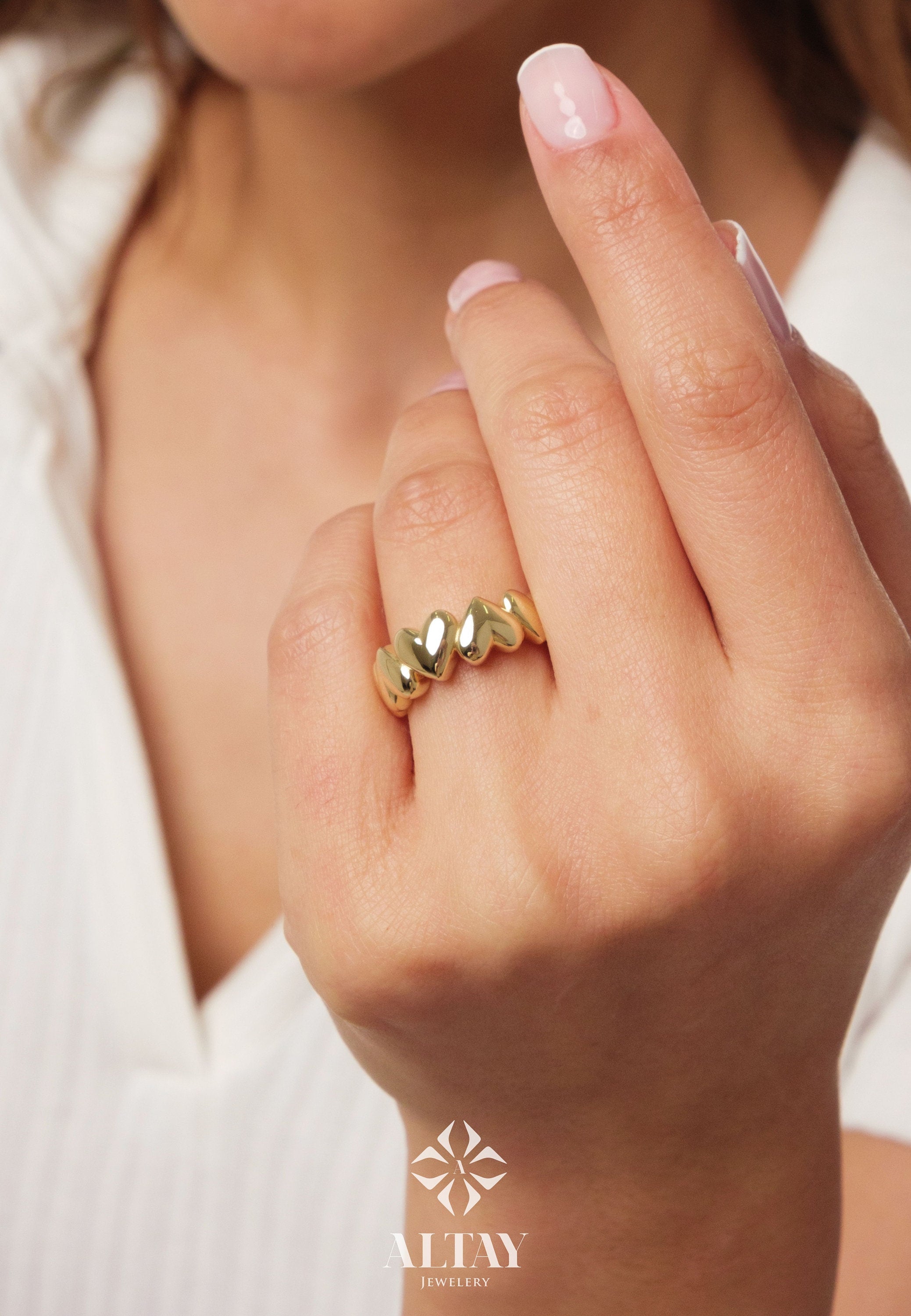 14K Gold Heart Ring, Puffy Heart Love Ring, Multi Heart Band Ring, Small Promise Ring, Dainty Stacking Gold Ring, Wedding Ring, Gift For Her