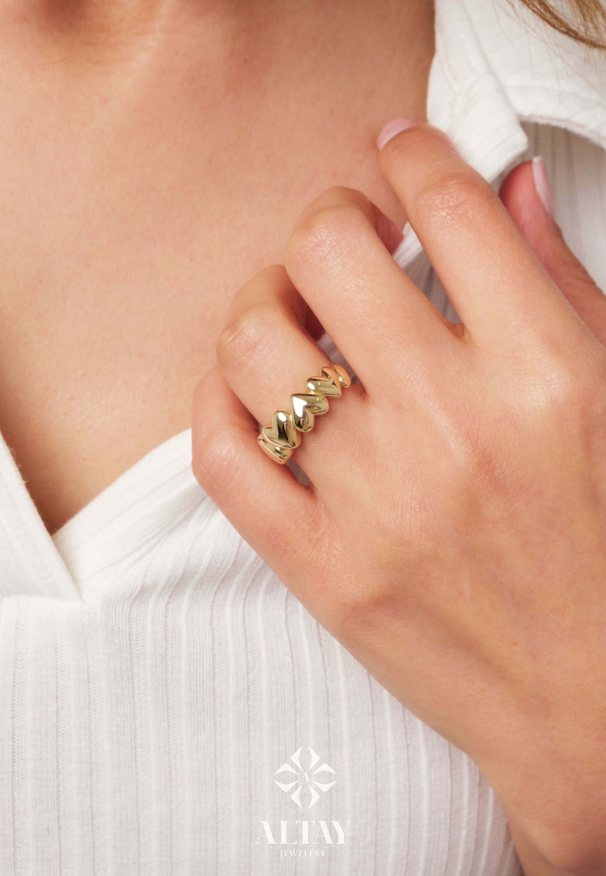 14K Gold Heart Ring, Puffy Heart Love Ring, Multi Heart Band Ring, Small Promise Ring, Dainty Stacking Gold Ring, Wedding Ring, Gift For Her