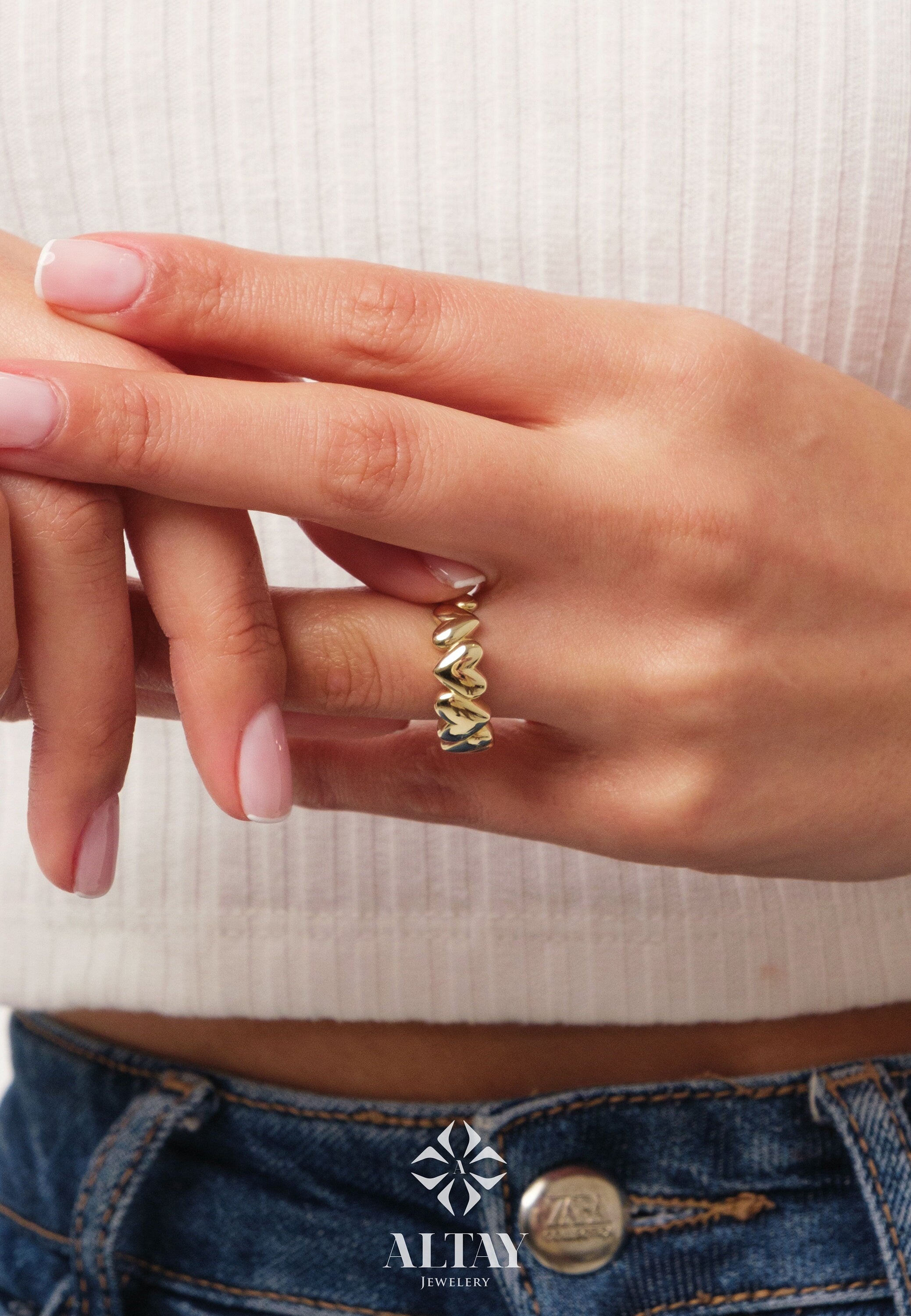14K Gold Heart Ring, Puffy Heart Love Ring, Multi Heart Band Ring, Small Promise Ring, Dainty Stacking Gold Ring, Wedding Ring, Gift For Her