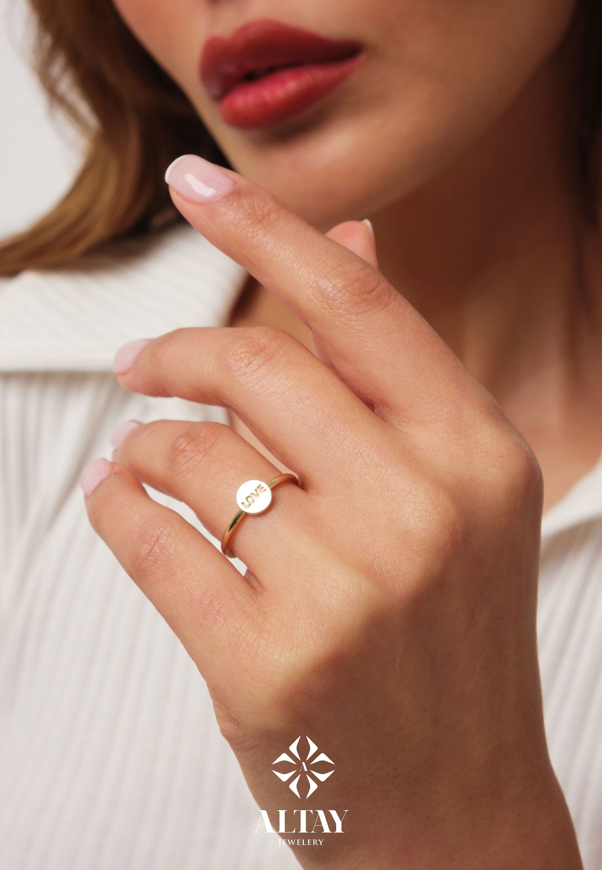 14K Gold Love Ring, Love Word Signet Ring, Stackable Round Love Ring, Dainty Script Love Ring, Love Engraved Ring, Stacking Love Jewelry