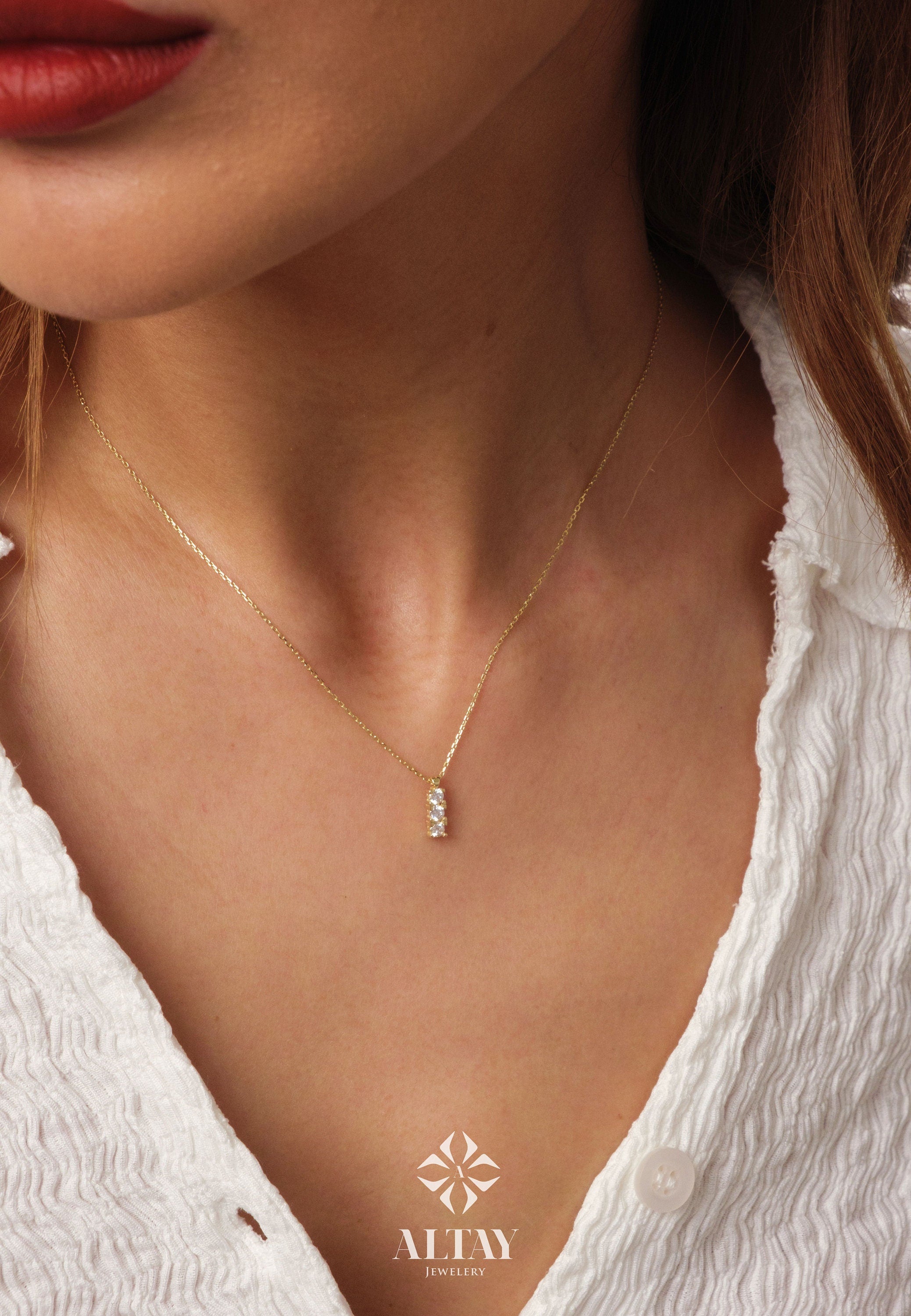 14K Gold Trio Cz Diamond Necklace, 3 Stone Necklace, Prong Set Pendant Necklace, Vertical Necklace, Bridesmaid Necklace, Graduation Gift