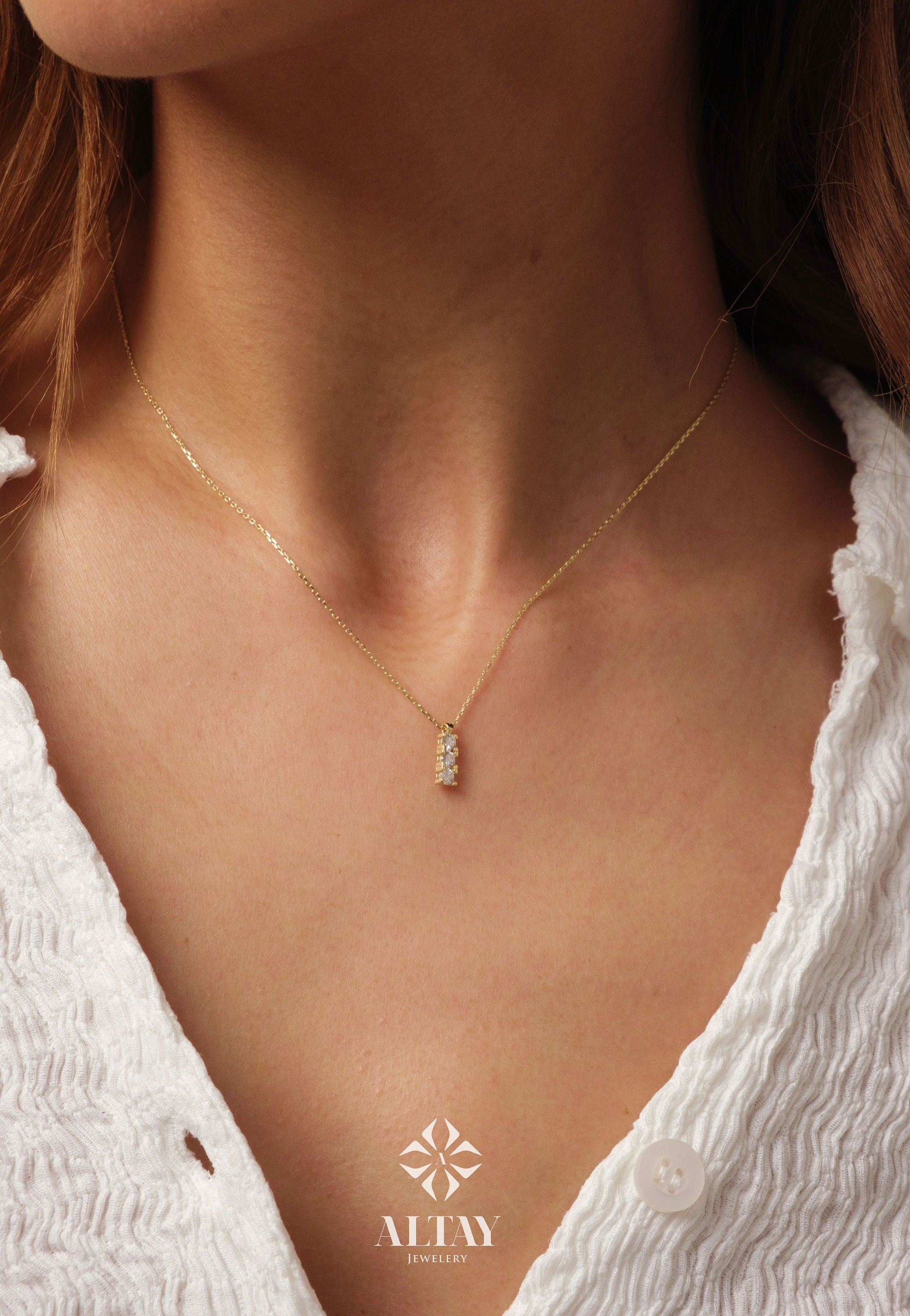 14K Gold Trio Cz Diamond Necklace, 3 Stone Necklace, Prong Set Pendant Necklace, Vertical Necklace, Bridesmaid Necklace, Graduation Gift
