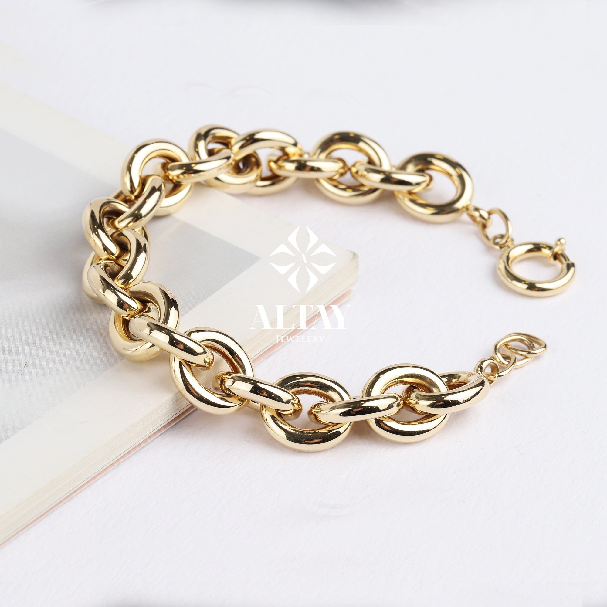 14K Gold Paperclip Rolo Chain Bracelet, Oval Rectangle Paper Clip Chain, Gold Thick Flat Oval Link, Rolo Gold Link, Woman Man Gold Bracelet