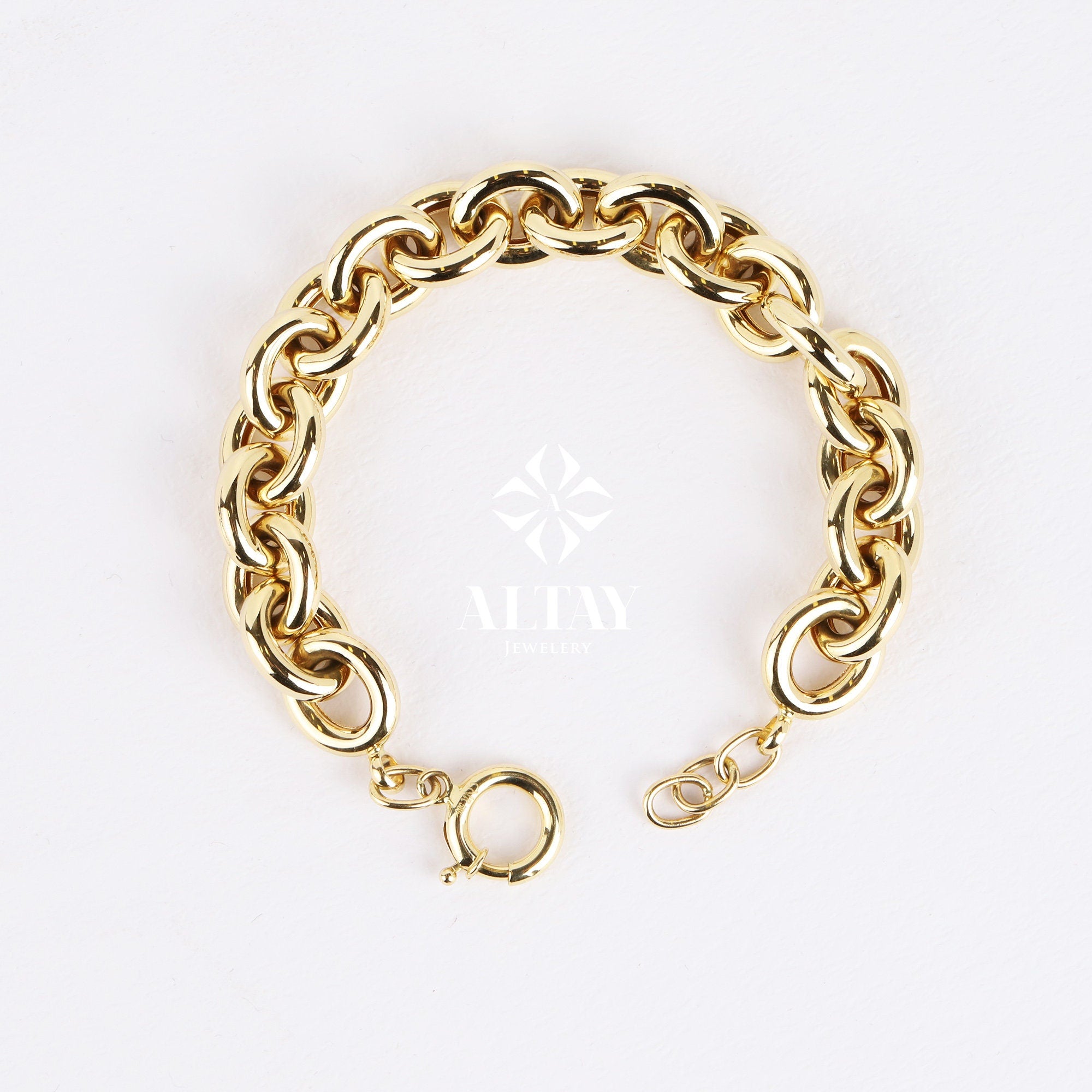 14K Gold Paperclip Rolo Chain Bracelet, Oval Rectangle Paper Clip Chain, Gold Thick Flat Oval Link, Rolo Gold Link, Woman Man Gold Bracelet