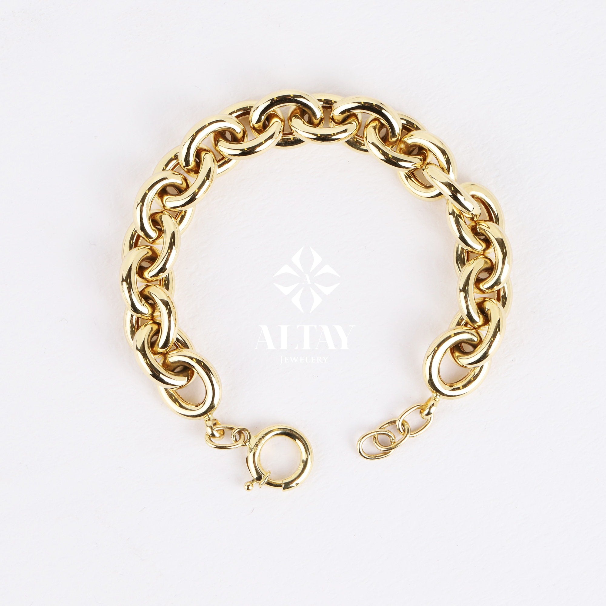 14K Gold Paperclip Rolo Chain Bracelet, Oval Rectangle Paper Clip Chain, Gold Thick Flat Oval Link, Rolo Gold Link, Woman Man Gold Bracelet