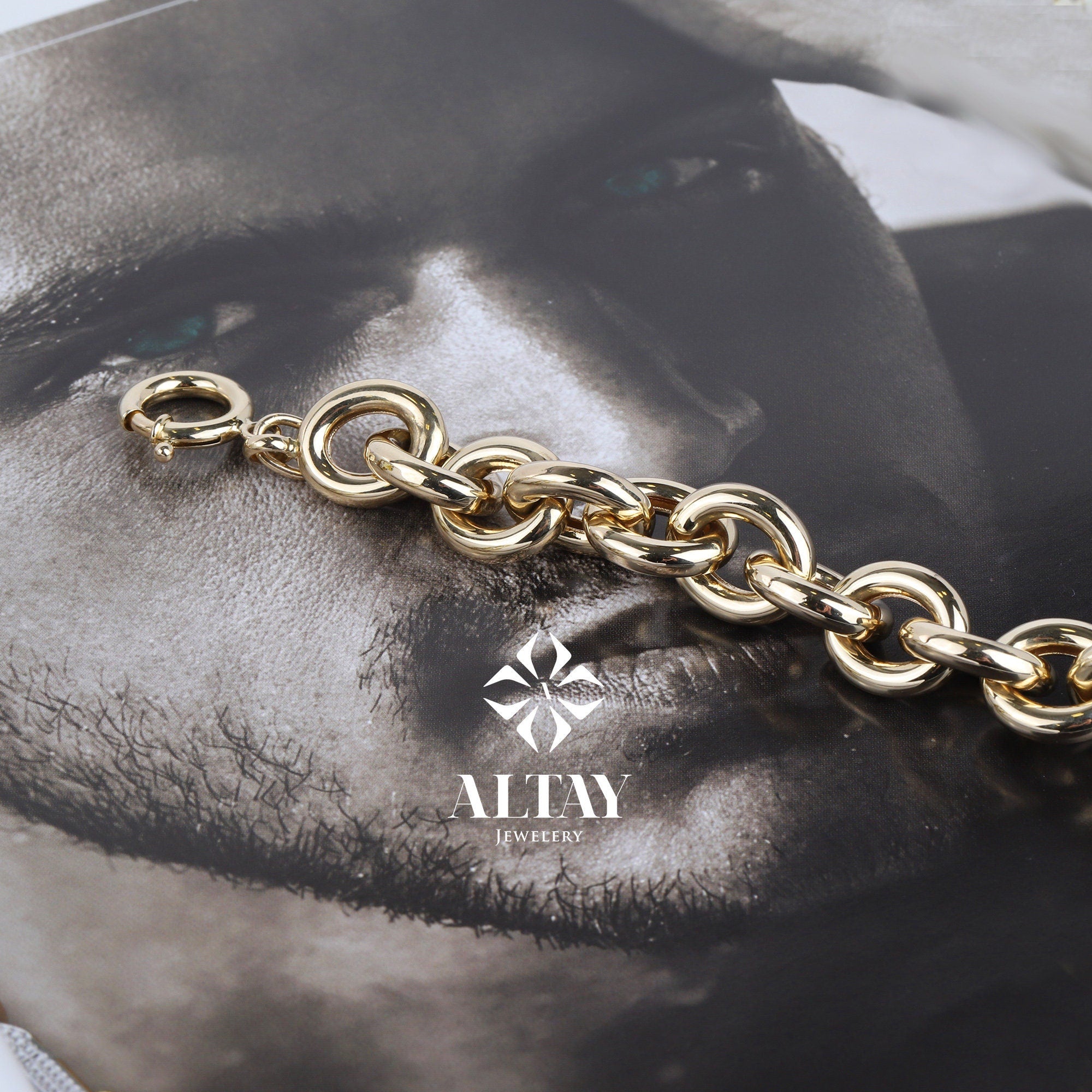 14K Gold Paperclip Rolo Chain Bracelet, Oval Rectangle Paper Clip Chain, Gold Thick Flat Oval Link, Rolo Gold Link, Woman Man Gold Bracelet