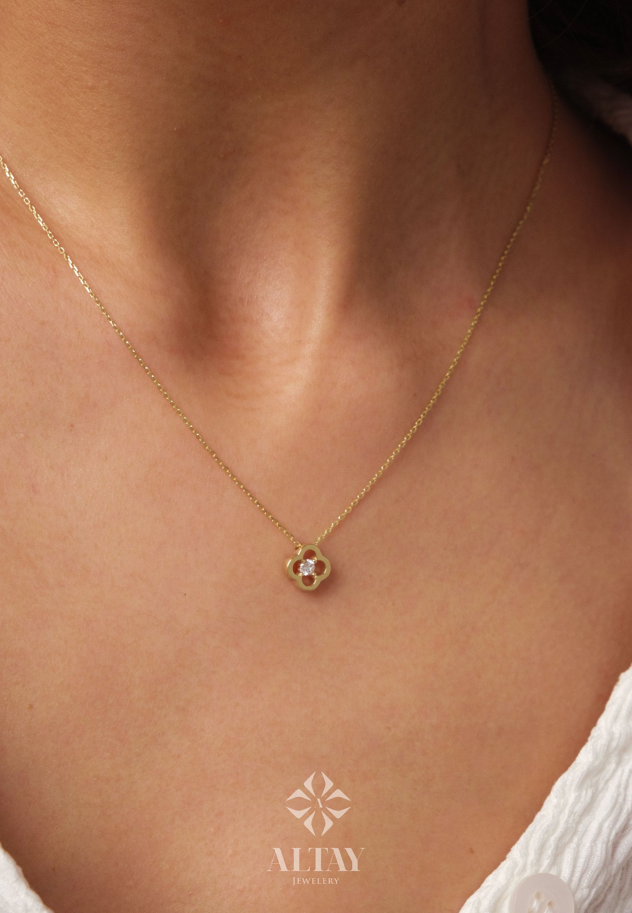 14K Gold Daisy Necklace, Cz Diamond Necklace, Small Clover Necklace, Good Luck Charm, Clover Charm Pendant, Pave Four Leaf Necklace