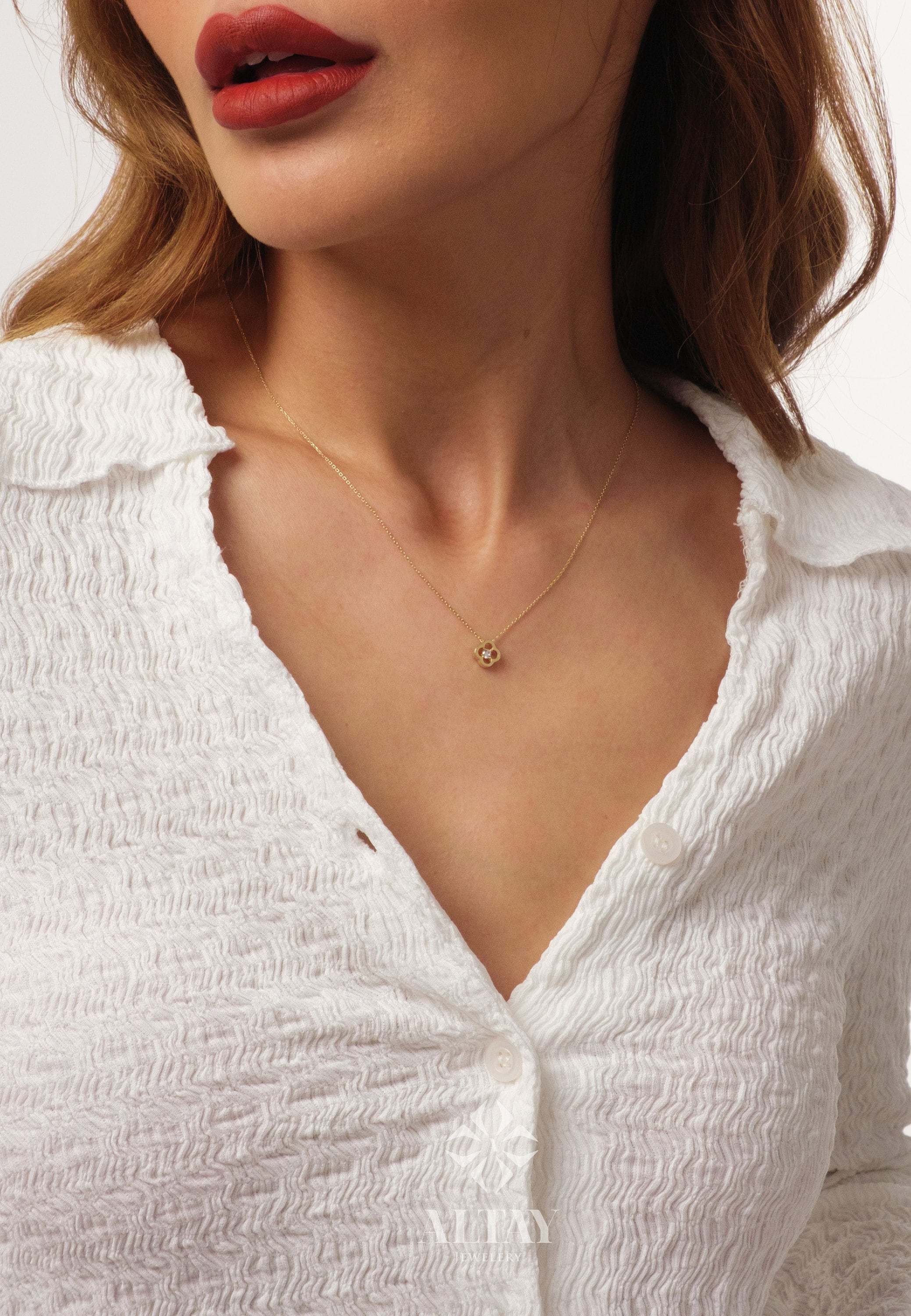 14K Gold Daisy Necklace, Cz Diamond Necklace, Small Clover Necklace, Good Luck Charm, Clover Charm Pendant, Pave Four Leaf Necklace