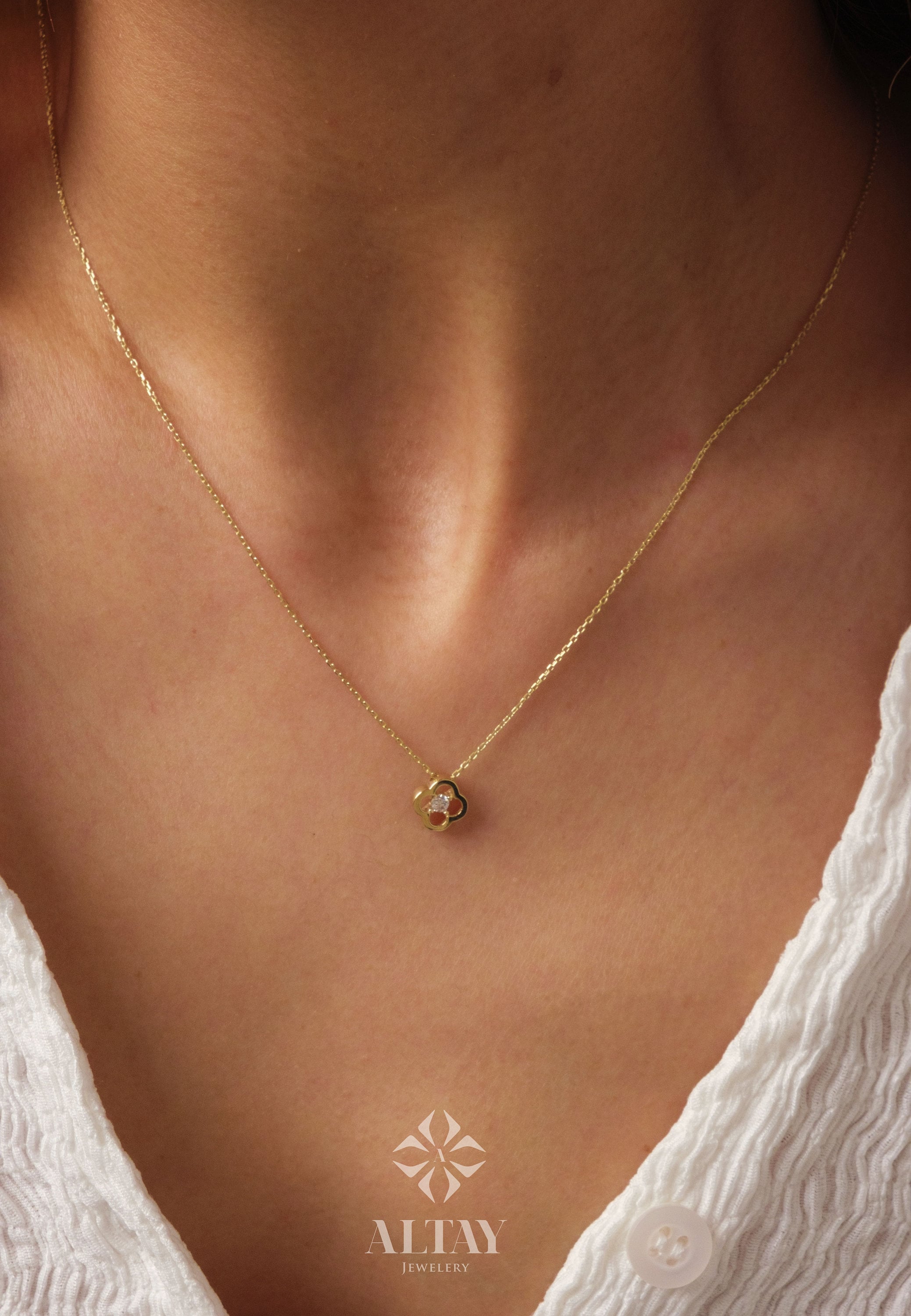 14K Gold Daisy Necklace, Cz Diamond Necklace, Small Clover Necklace, Good Luck Charm, Clover Charm Pendant, Pave Four Leaf Necklace