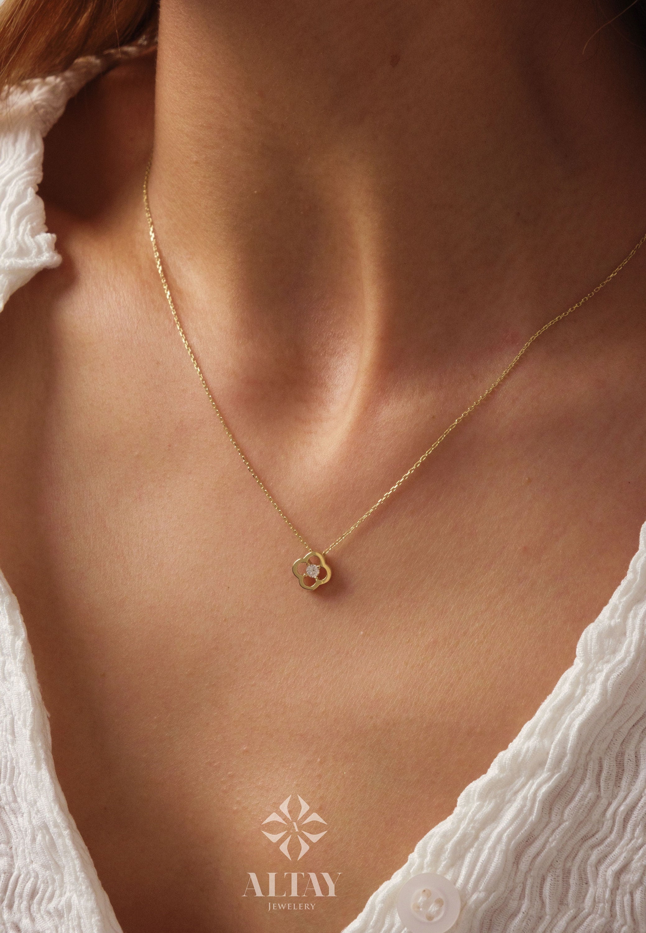 14K Gold Daisy Necklace, Cz Diamond Necklace, Small Clover Necklace, Good Luck Charm, Clover Charm Pendant, Pave Four Leaf Necklace