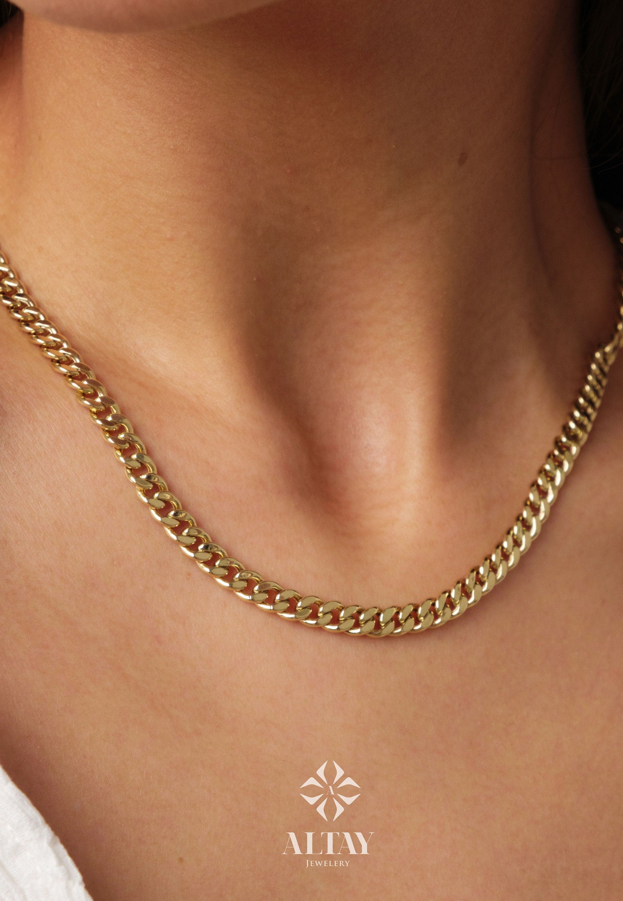 14K Gold Cuban Chain Necklace, 5mm Cuban Chain, Curb Chain Link Choker, Men Women Chain Necklace, Layering Gold Necklace, Gift for Her