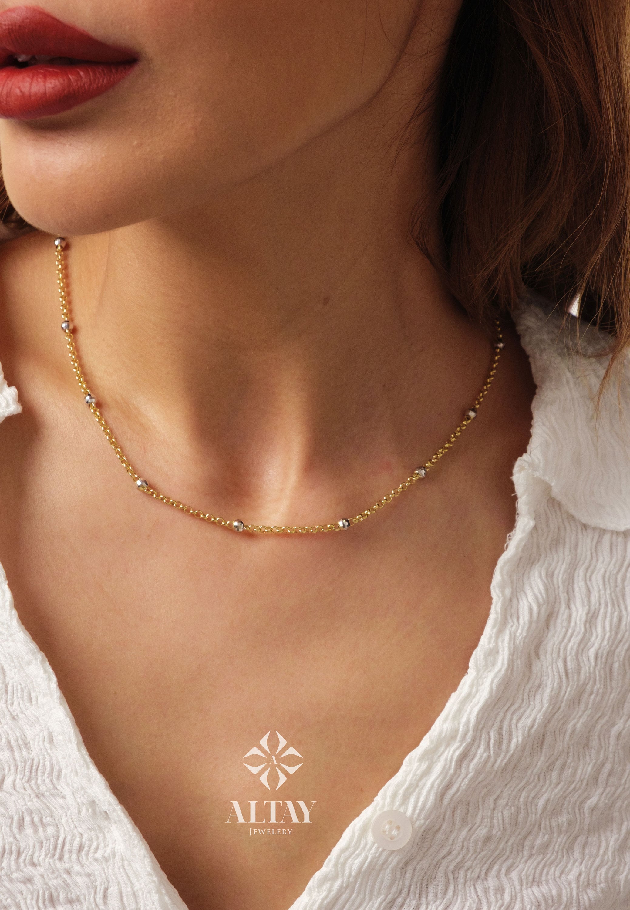 14K Gold Bead Chain Necklace, Two Tone Balls Necklace, Multi Balls Rolo Chain Necklace, Minimalist Fashion Delicate Necklace, Gift For Her