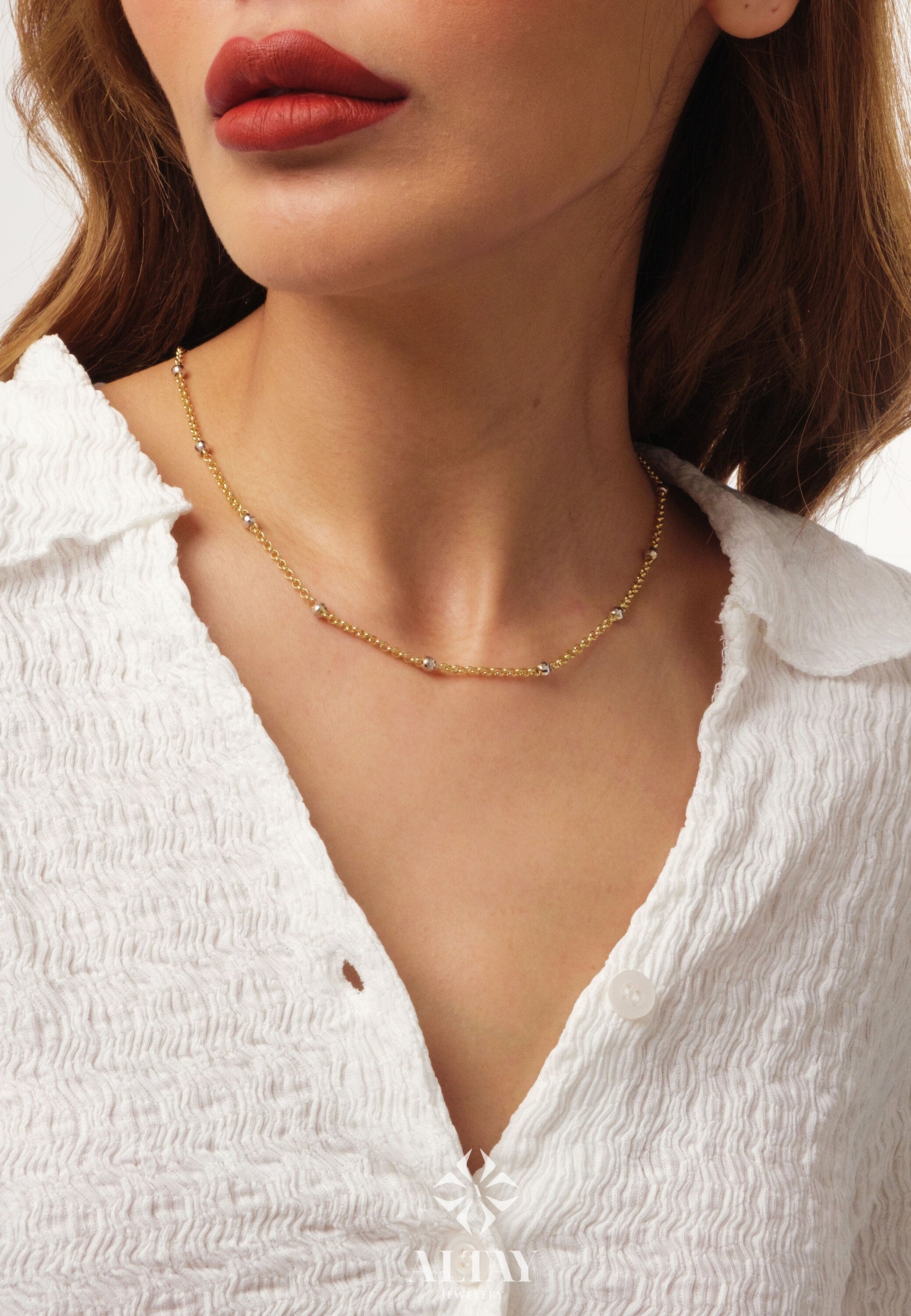 14K Gold Bead Chain Necklace, Two Tone Balls Necklace, Multi Balls Rolo Chain Necklace, Minimalist Fashion Delicate Necklace, Gift For Her
